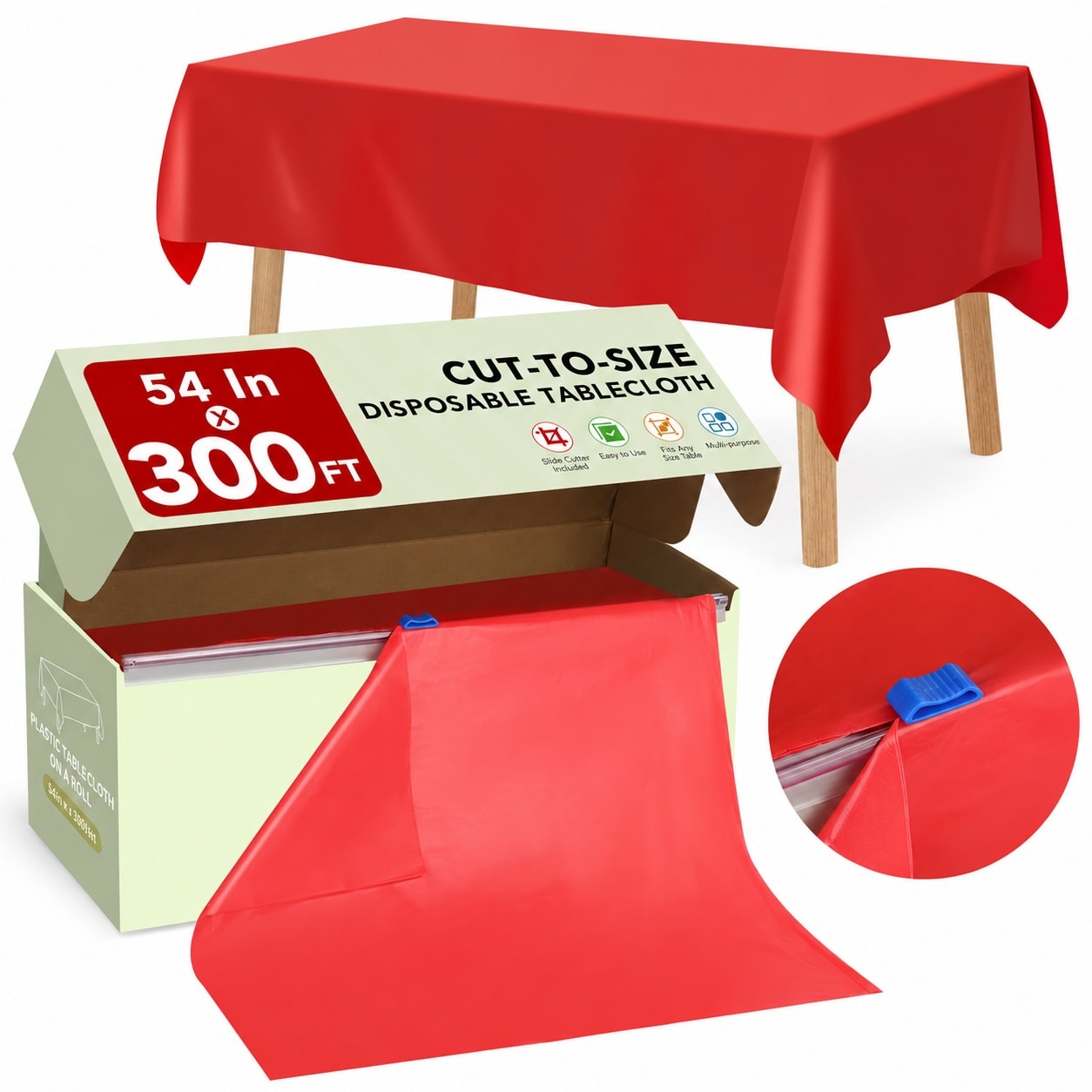 Etokfoks  54 in x 300 ft Red Plastic Table Cover Roll with Slide Cutter Disposable Tablecloth for Parties and Events