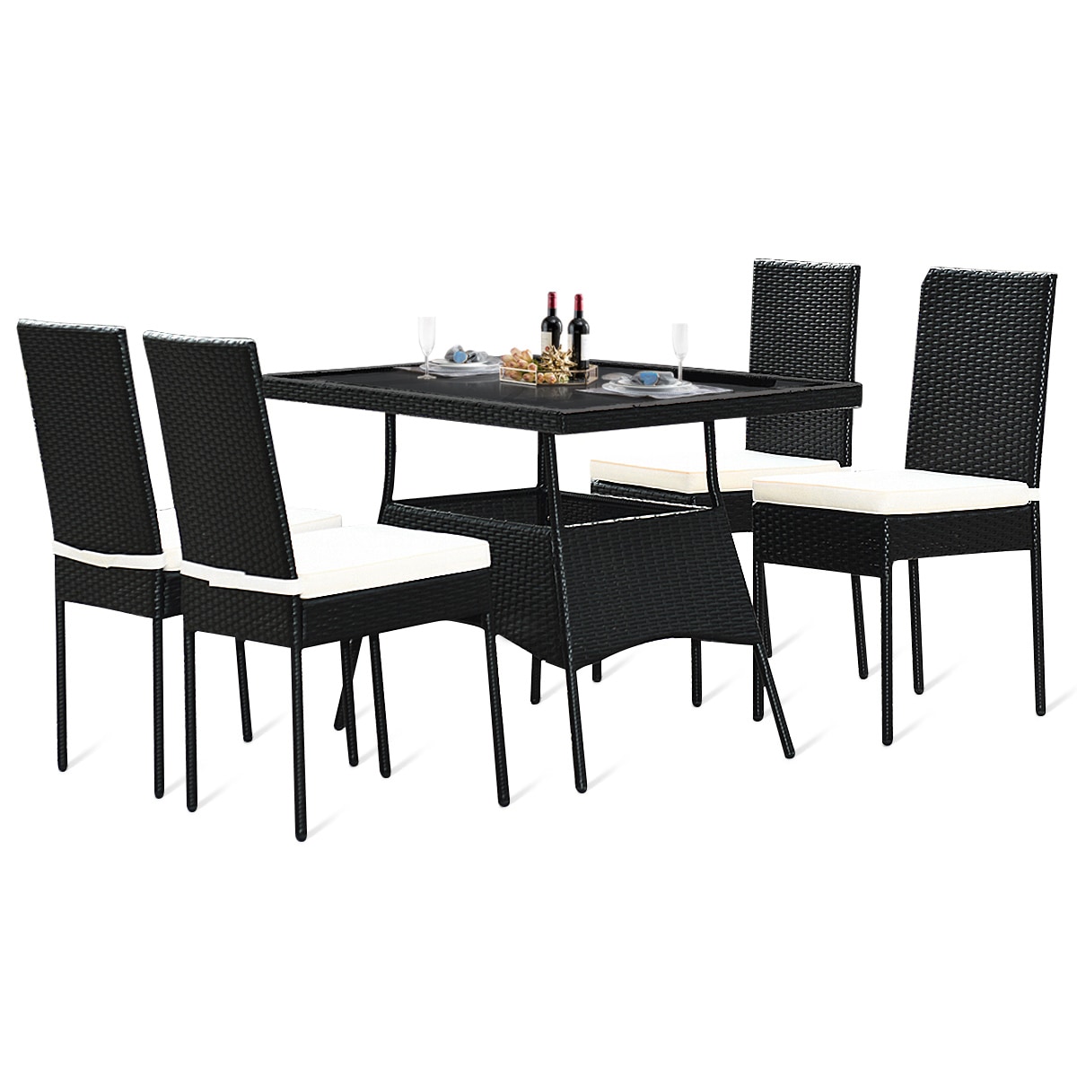 Clihome Patio 5Piece White Rattan Patio Dining Set Wicker Rectangle