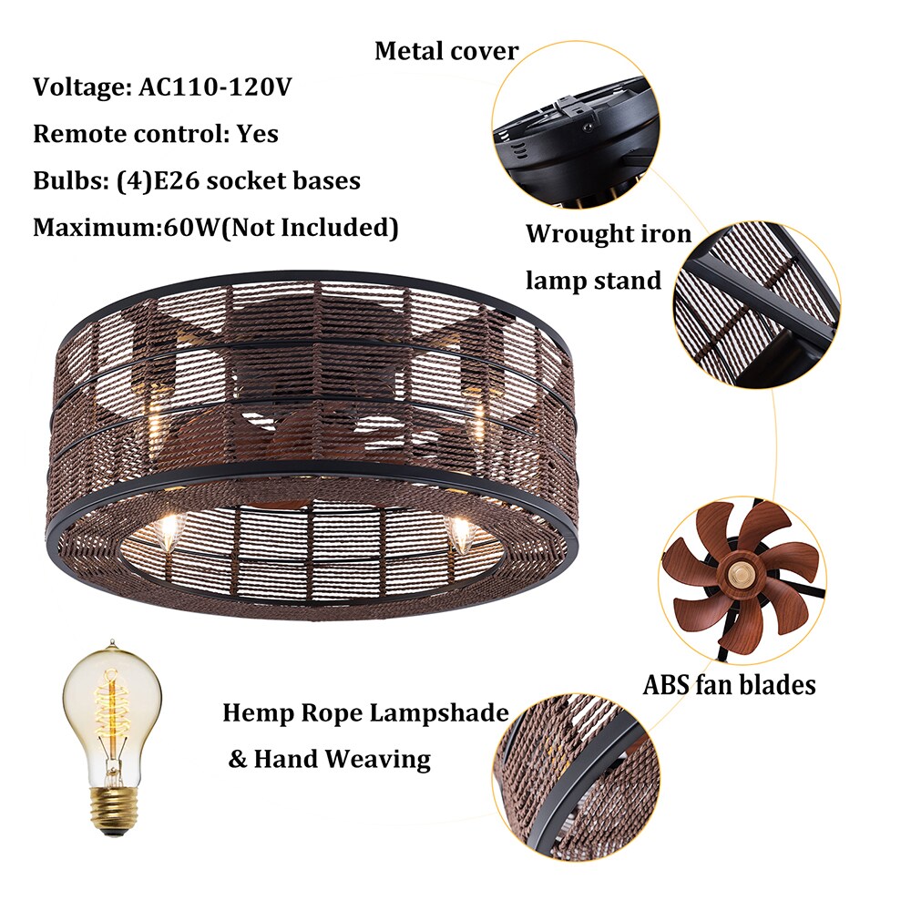 Oukaning 18-in 4-light Farmhouse Caged Hemp Rope Black Lampshade 
