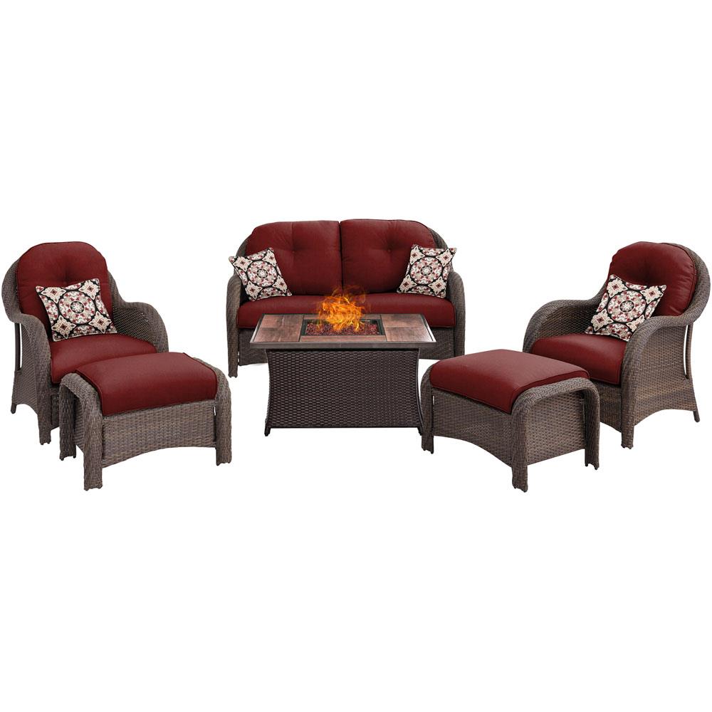 Hanover NEWPT6PCFP-RED-WG Newport 6-Piece Patio Conversation Set with Red Cushions