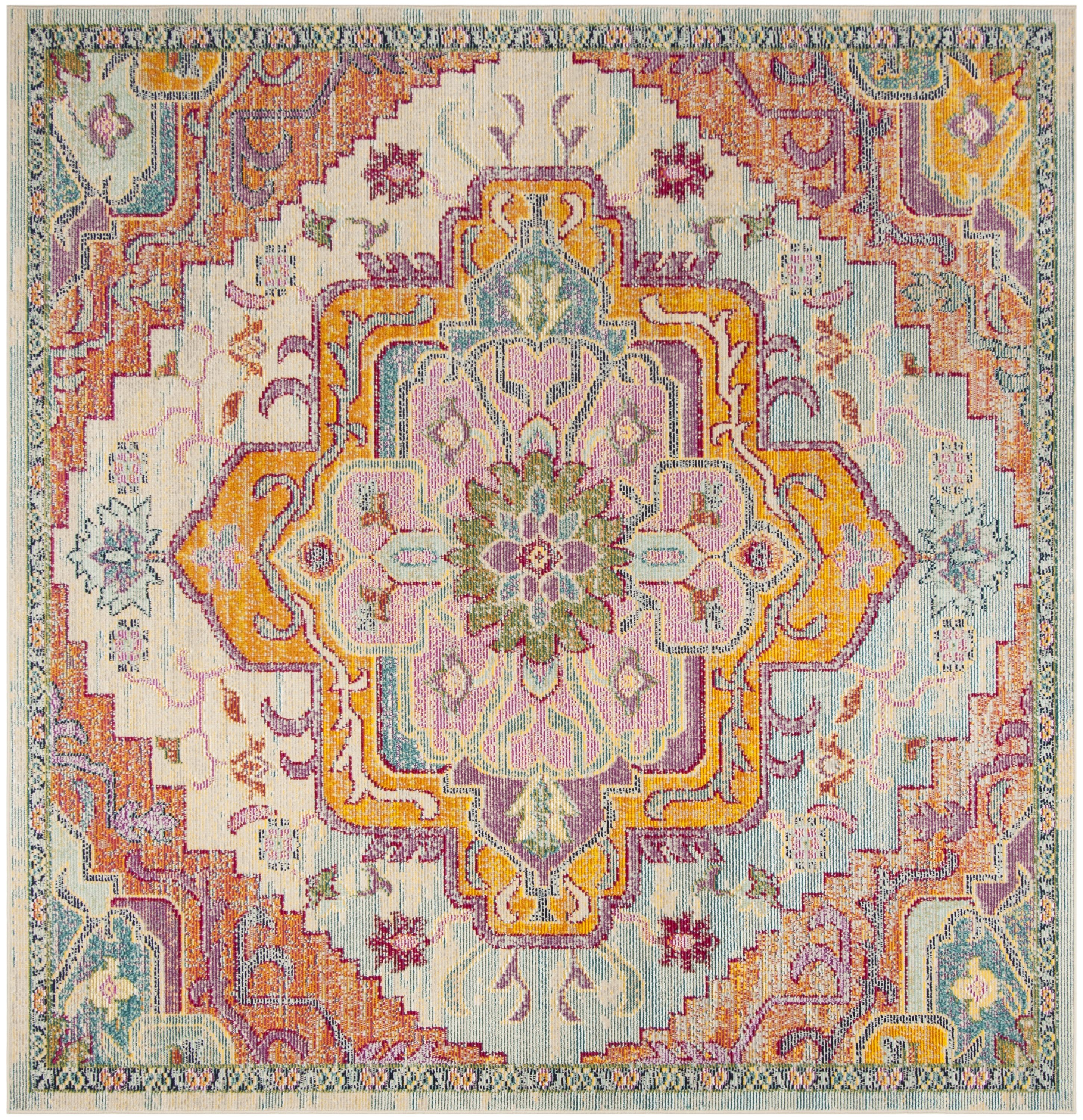 Light Blue and Fuchsia Square Oriental Synthetic Area Rug