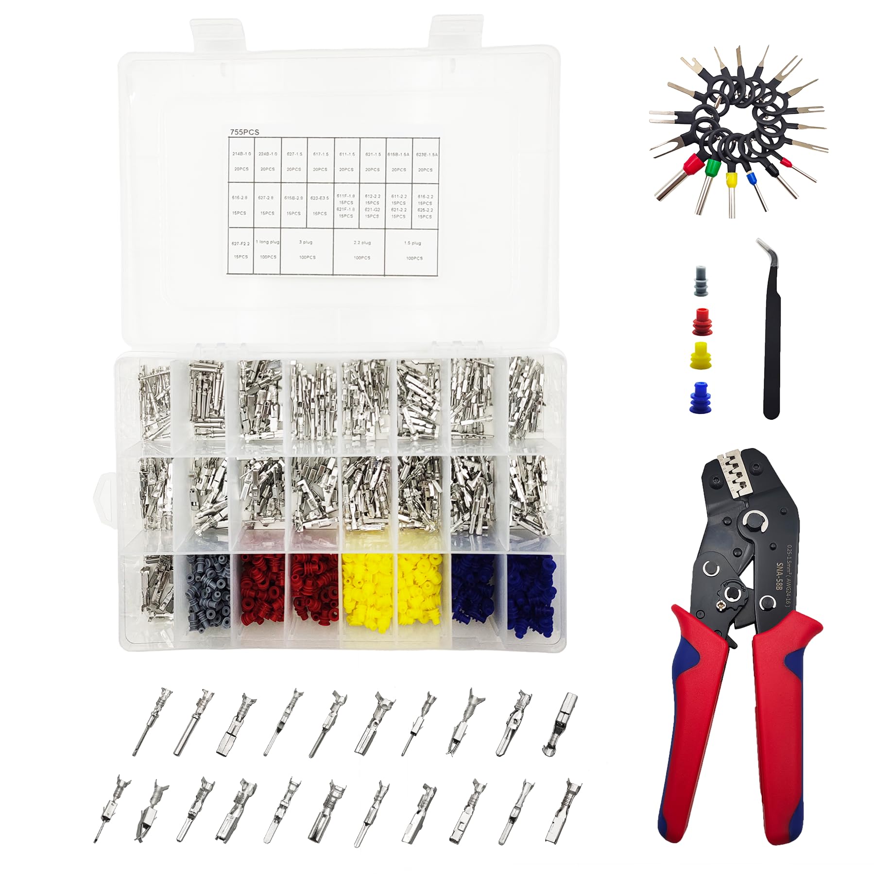 Lukvuzo  755 Piece Terminal Wire Connectors Kit with Crimping Tool 21 Types Male Female Pins for Automotive Electrical Repair AWG24 to 16 Sizes