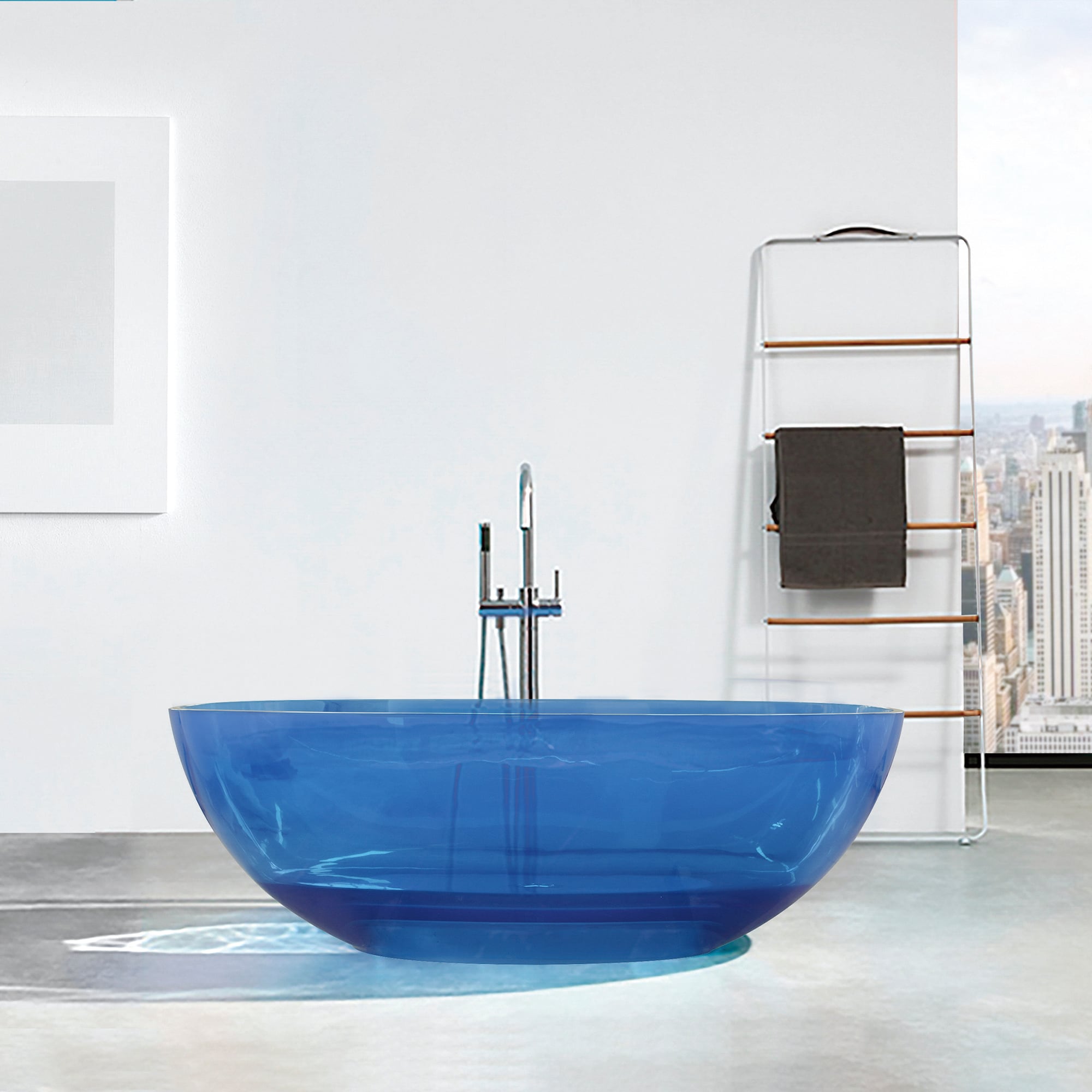 POCCI 64 Inch Oval Transparent Blue Resin Freestanding Bathtub Soaking Tub