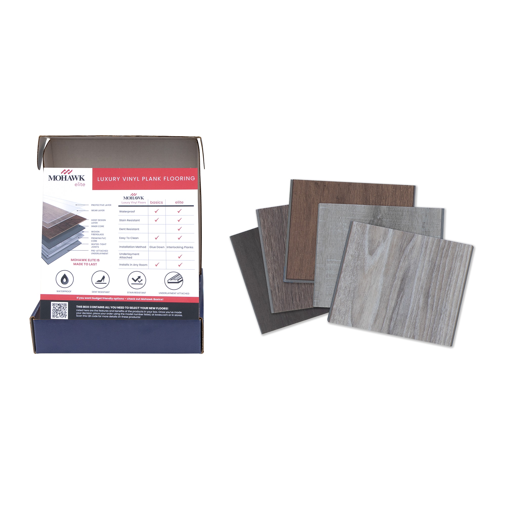 Mohawk SBX0063827 (Sample) Elite Multiple Color/Finishes Multiple colors/finishes Wood look 20-mil Waterproof and Water Resistant Interlocking Flooring Sample Packs