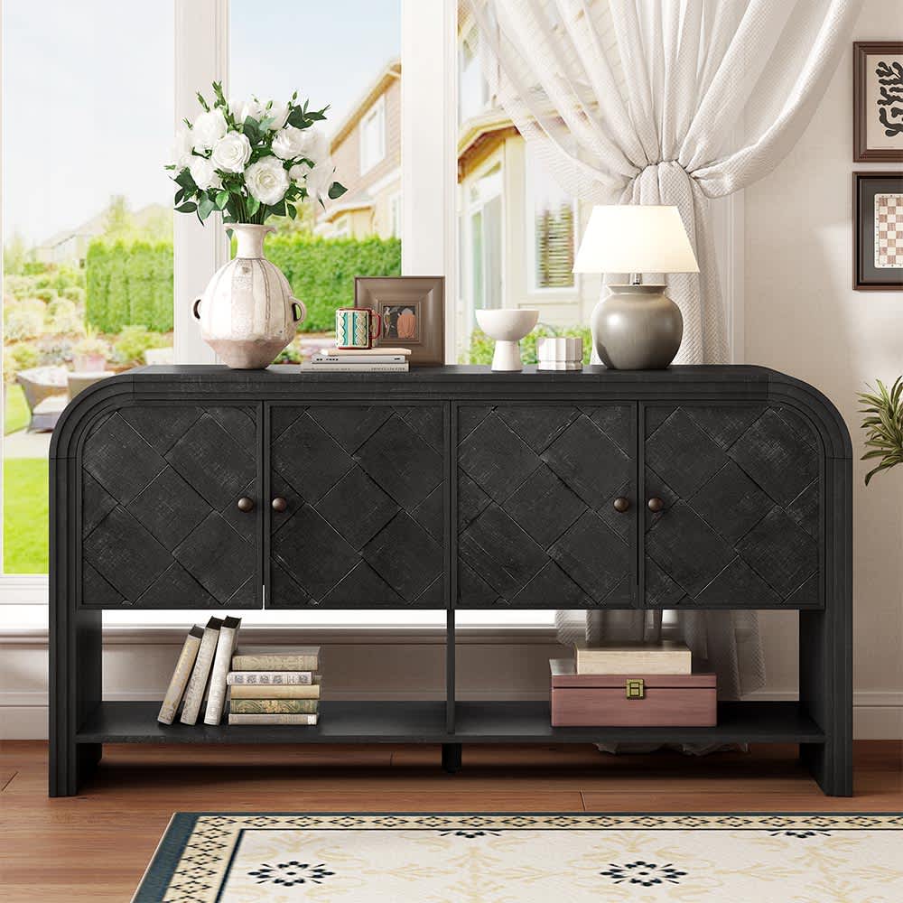 JUJABU DINCABINET-22 Black  Versatile console table with Woven Wood Slats and Solid Wood Veneer Suitable for Entryway