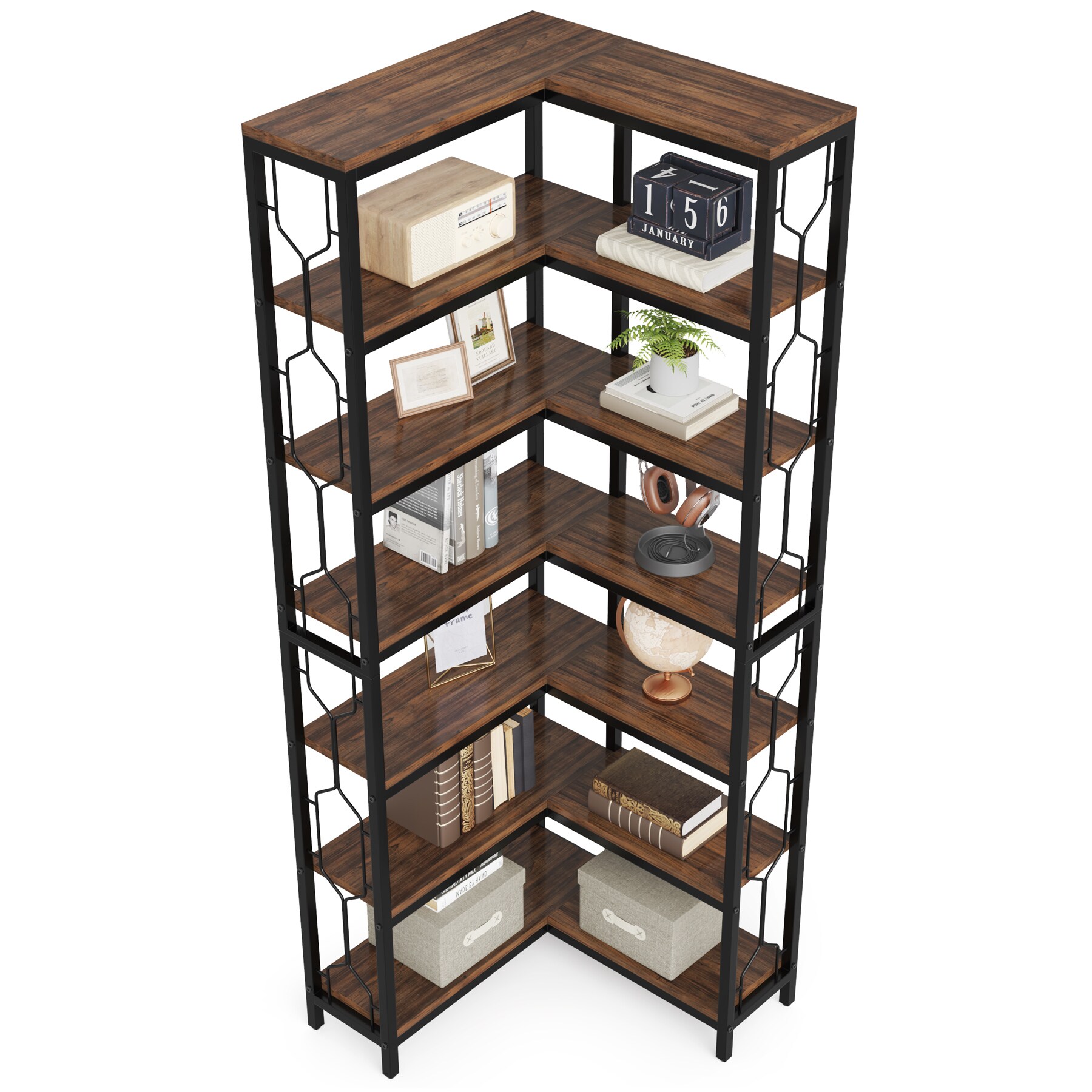 7-Tier Corner Shelf, 78.7 Narrow Bookshelf Corner BookcaseRustic