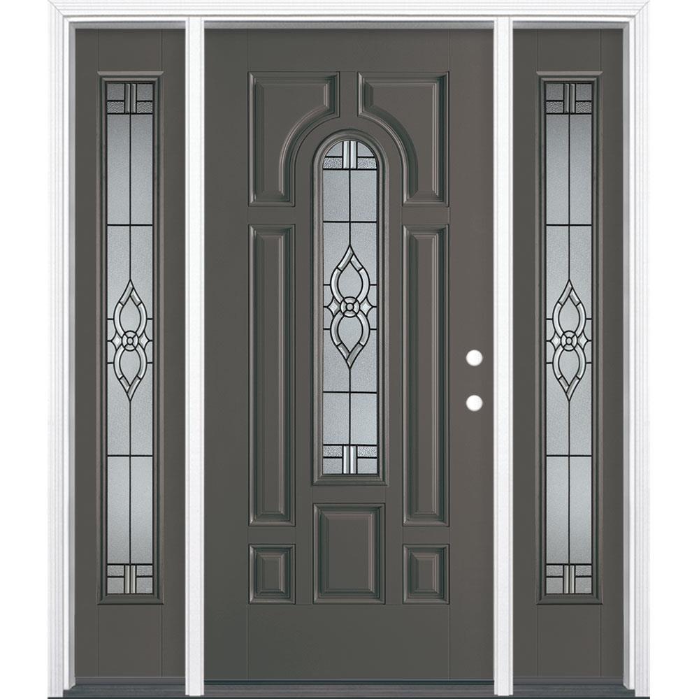 Masonite 883615 Calista 64-in x 80-in Fiberglass Center Arch Lite Left-Hand Inswing Timber Gray Painted Single Front Door with Sidelights with Brickmould Insulating Core