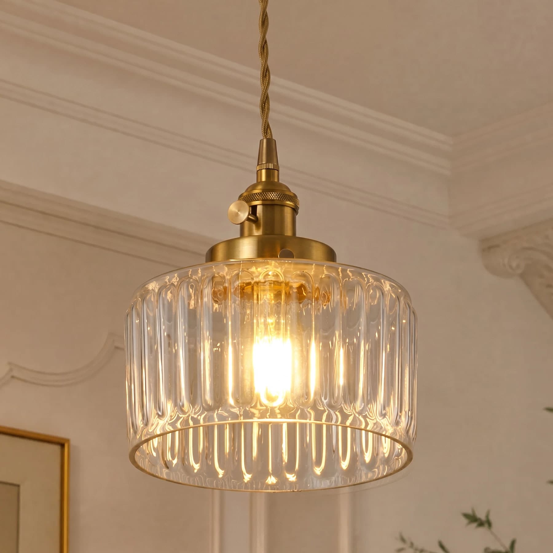 Aiwen Vintage 1-Light 6.89 in. Brushed Brass Pendant Light Kitchen Island Hanging Light with Clear Striped Glass Shade