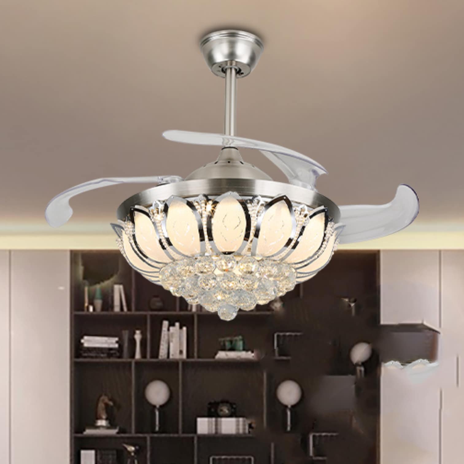 Oukaning HG-HSYXF-1945-1 42-in Color-Changing Integrated LED Silver Crystal Retractable with ABS Blades Chandelier Ceiling Fan With Light - Remote Included ( 4 -Blade )