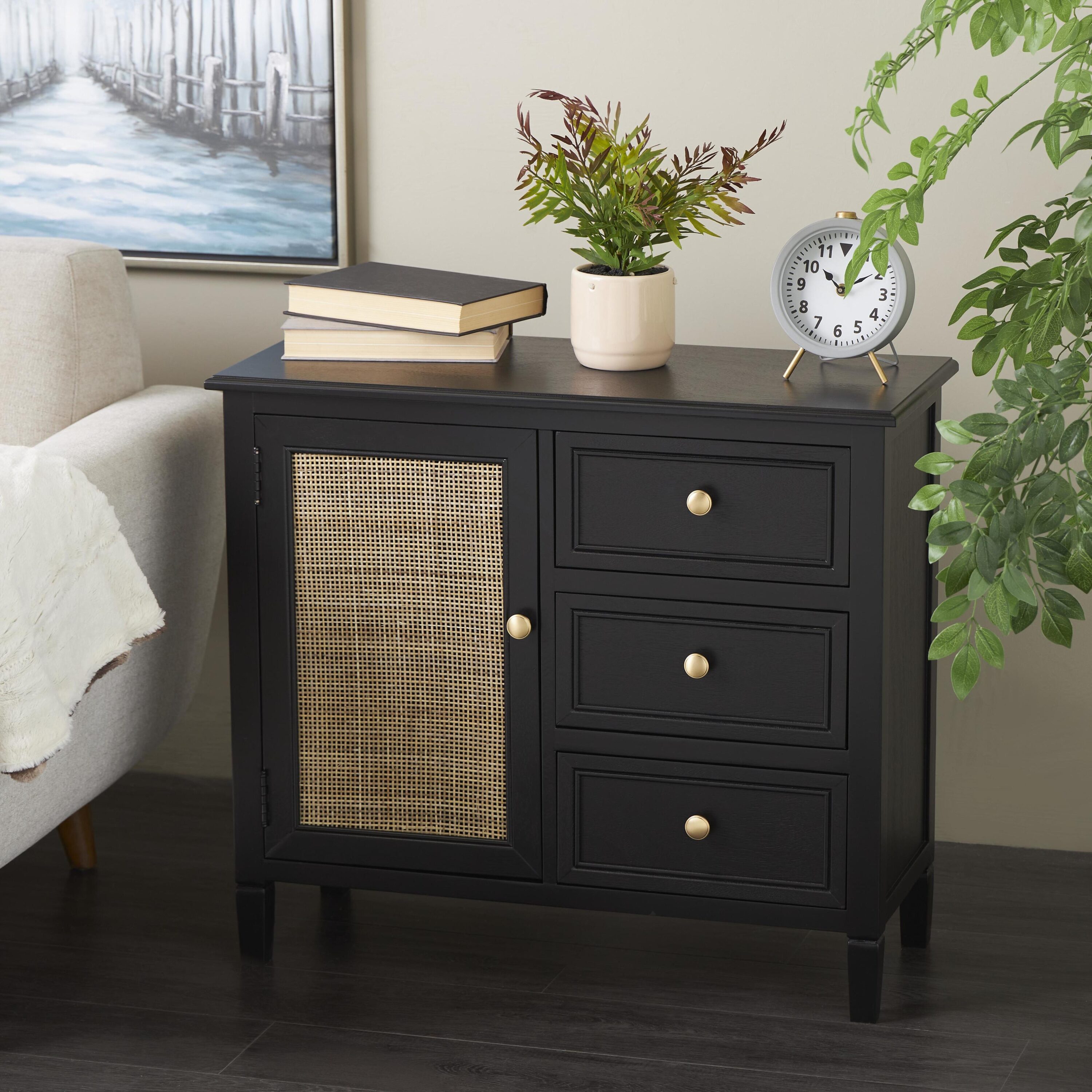 Grayson Lane 822804 3 -Drawers Black Handmade with Rattan Accent Wood Storage Storage drawer 26-in H x 29.5-in W x 12.63-in D