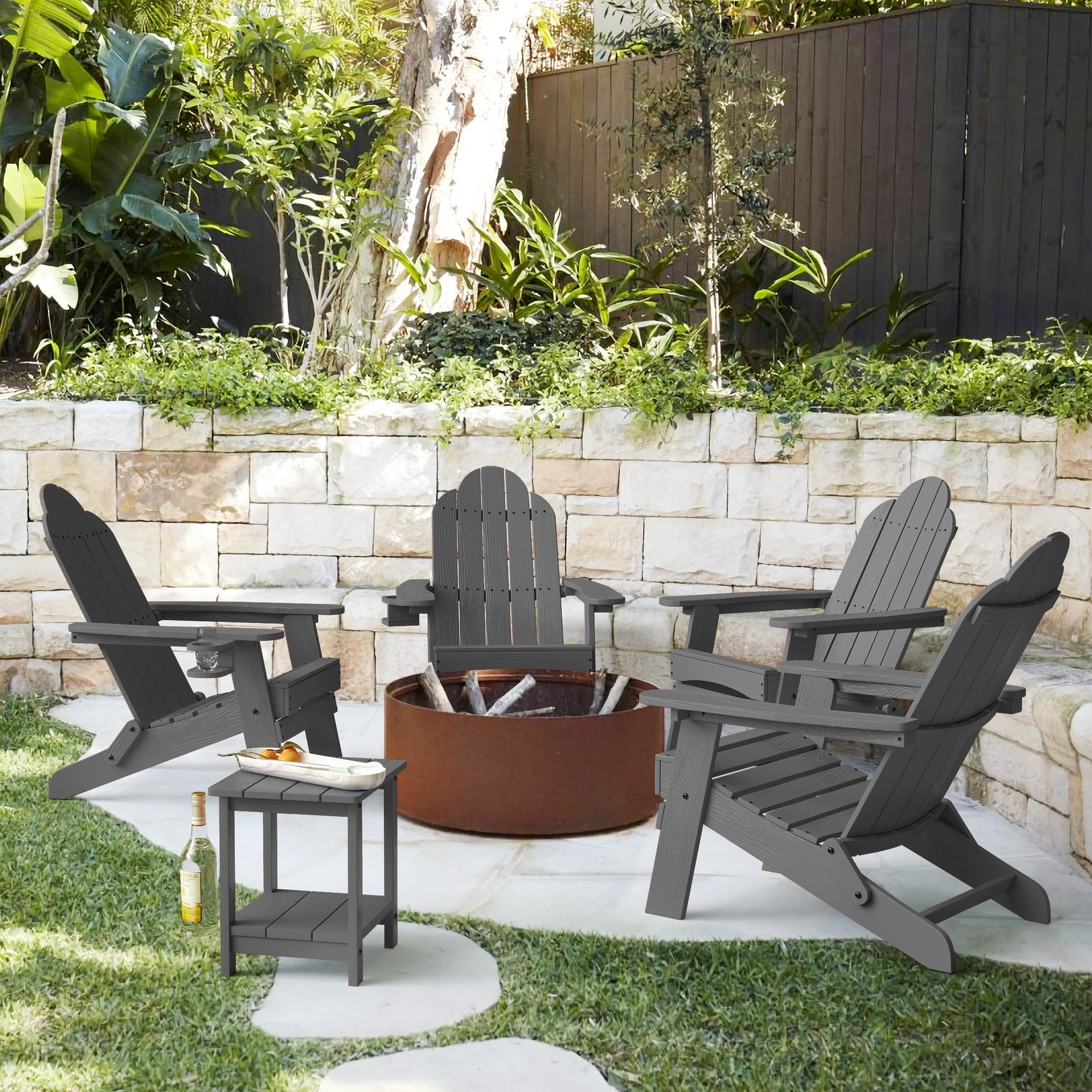 Dark Gray Folding Adirondack Chair Set with Cup Holder, 4-Piece