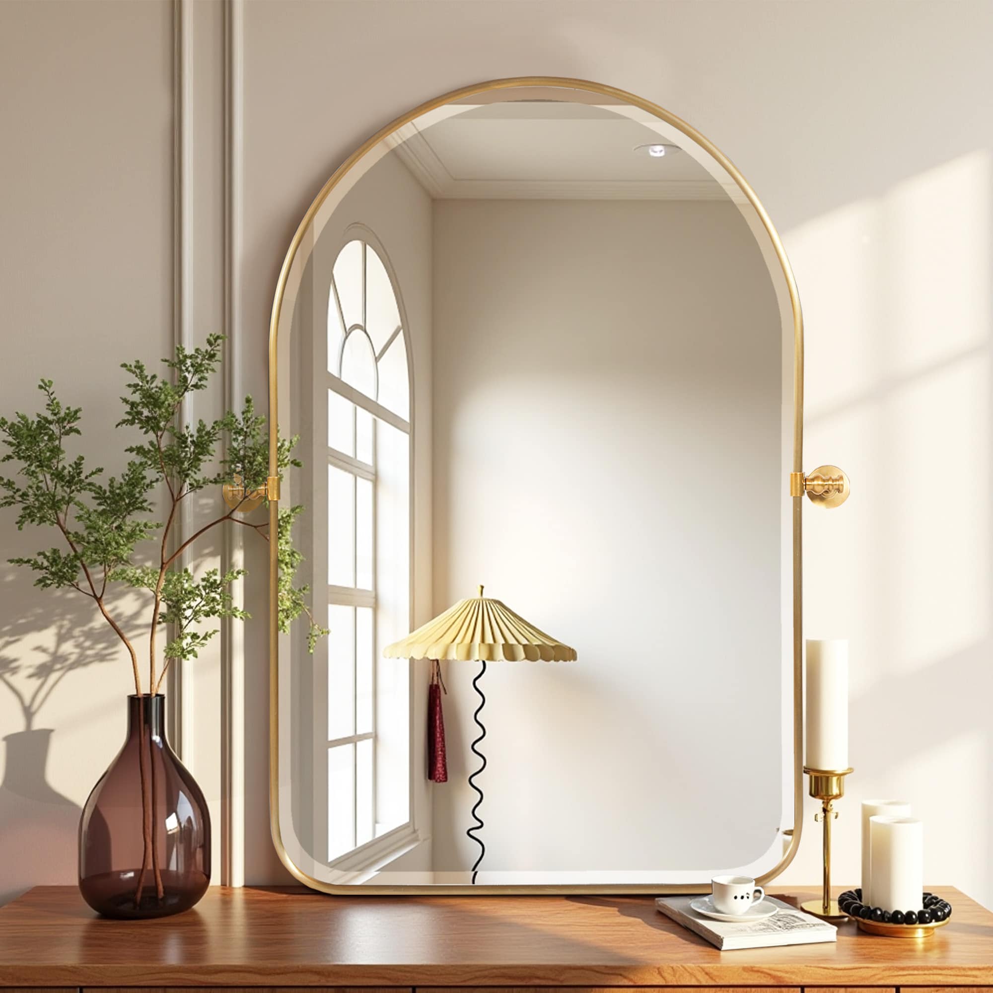 Misty Moon 36-in H x 24-in W Rounded Arch Rotatable Gold Metal Wall Mirror Space Brightening Light Luxury Bathroom Entryway Vanity Decor Mirror