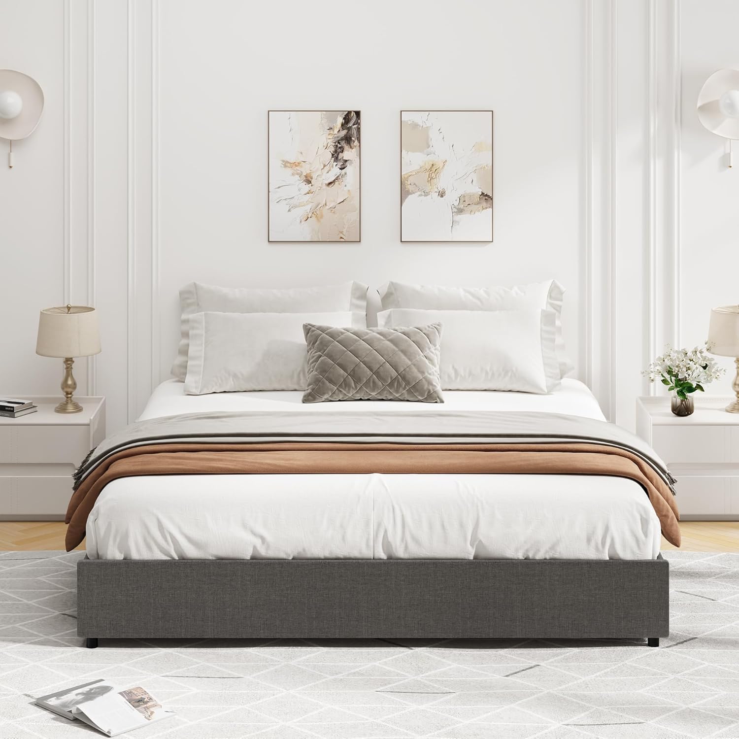 Qeetex LHF-BED-PHO-14YZUJ1V Full Platform Bed Frame Fabric Upholstered with 4 Storage Drawers No Box Spring Needed Wooden Slats Support Noise Free Easy Assembly Dark Grey
