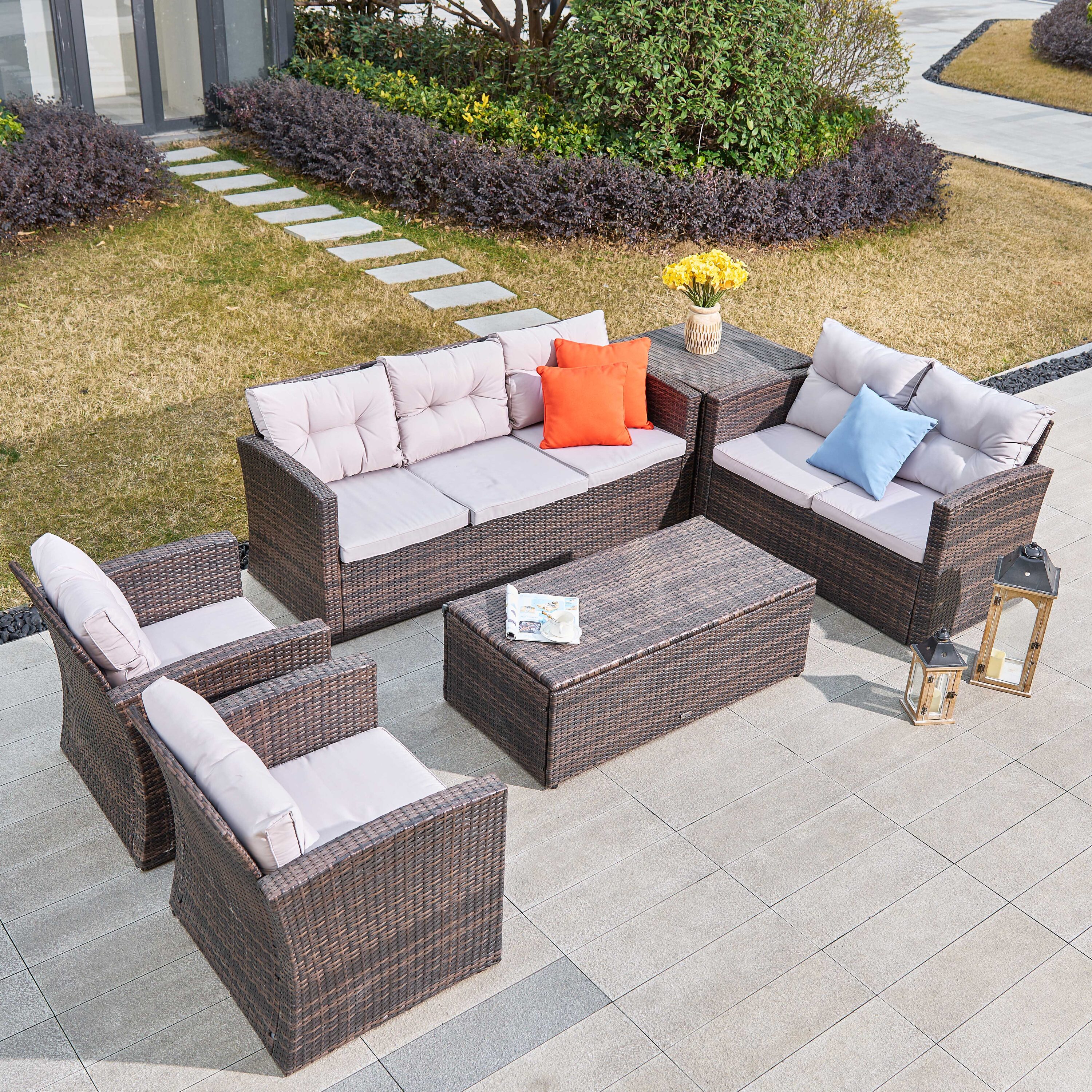 Moda Furnishings MPAS-1503-BR Belle 6 -Piece Wicker Patio Sofa Conversation Set with Gray Cushions