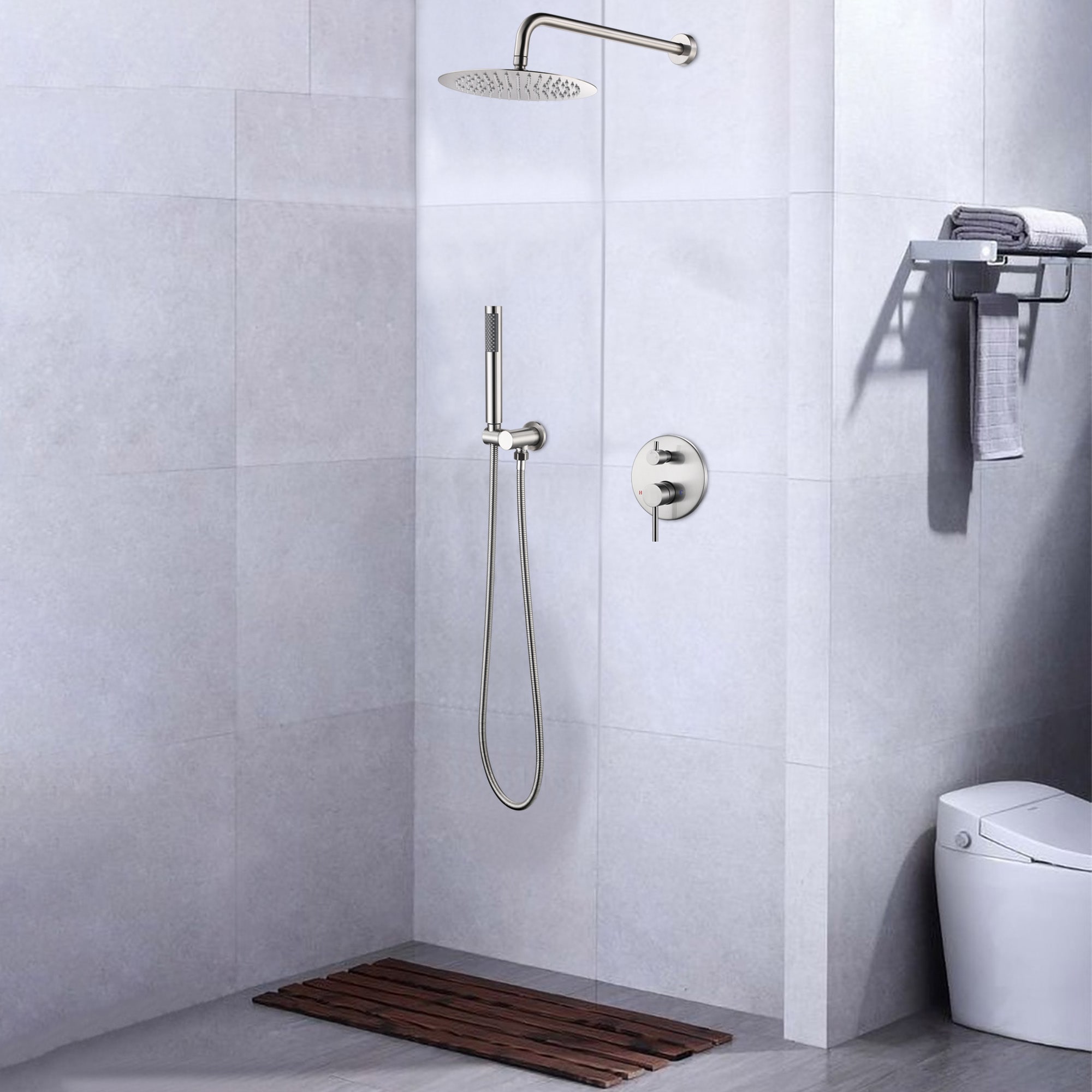 WELLFOR Brushed Nickel 10-in Waterfall Dual Head Built-In Shower Faucet ...