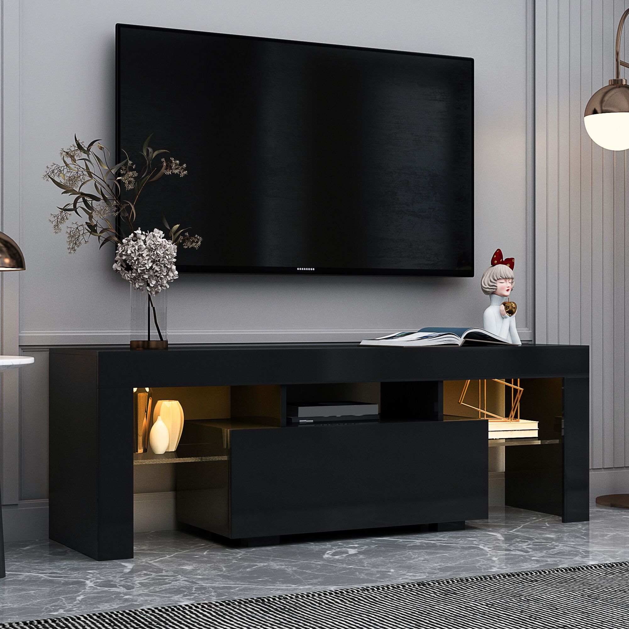 GDFStudio 333079 Gallia Contemporary LED RGB Light Flat Screen TV Cabinet Black