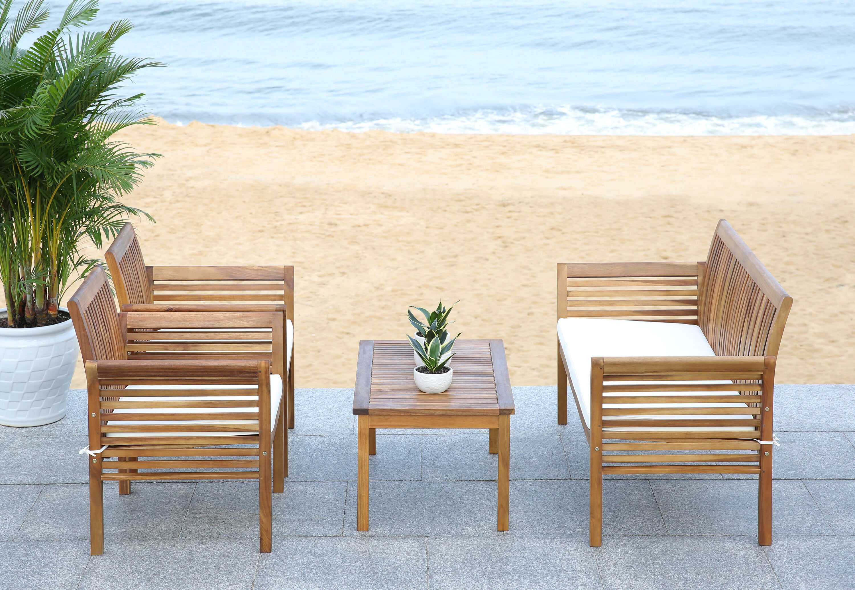 Transitional Acacia Wood 4-Person Outdoor Patio Set in Natural Beige