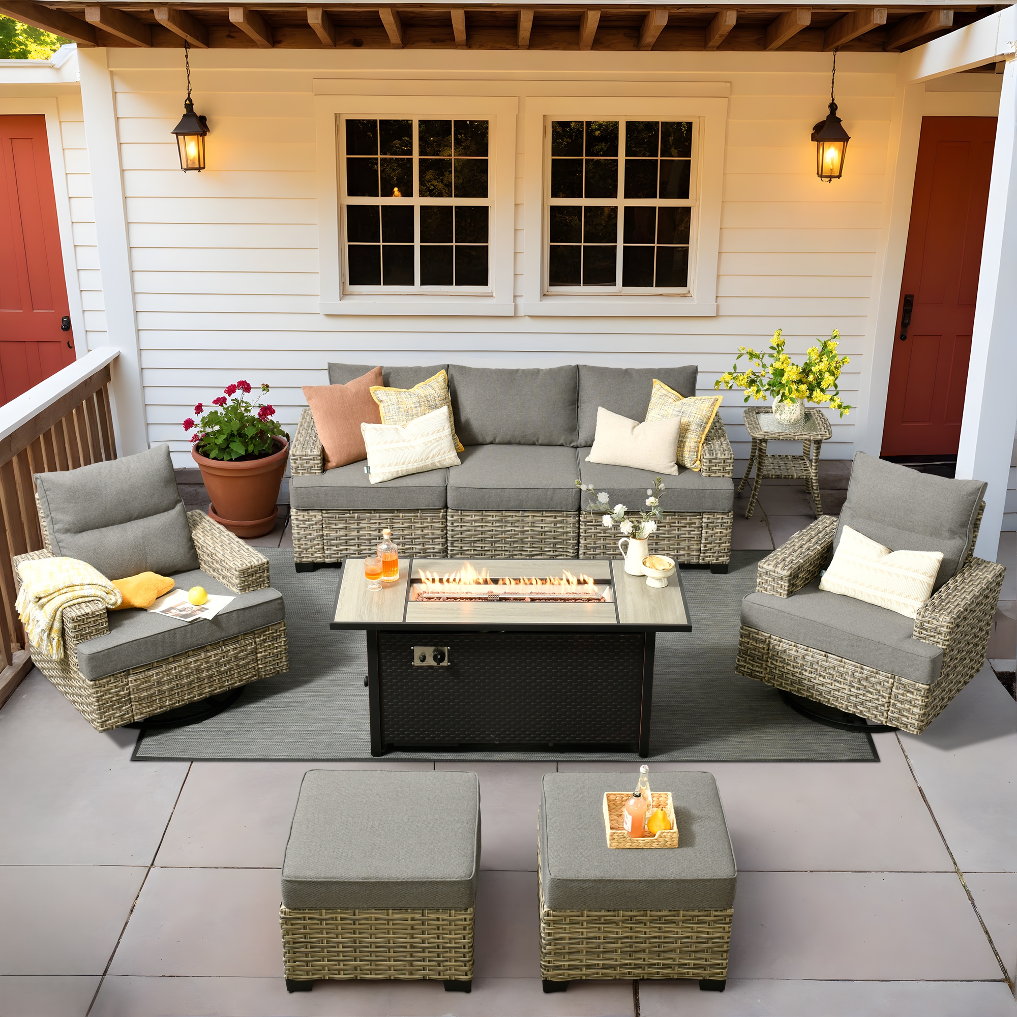 Pouuin SDFPTYZBS206 8 -Piece Wicker Patio Sofa Conversation Set with Dark Gray Cushions