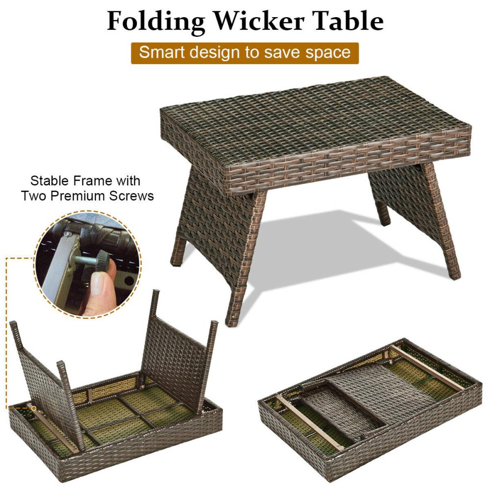 Compact Foldable Brown PE Rattan Side Table with Steel Frame