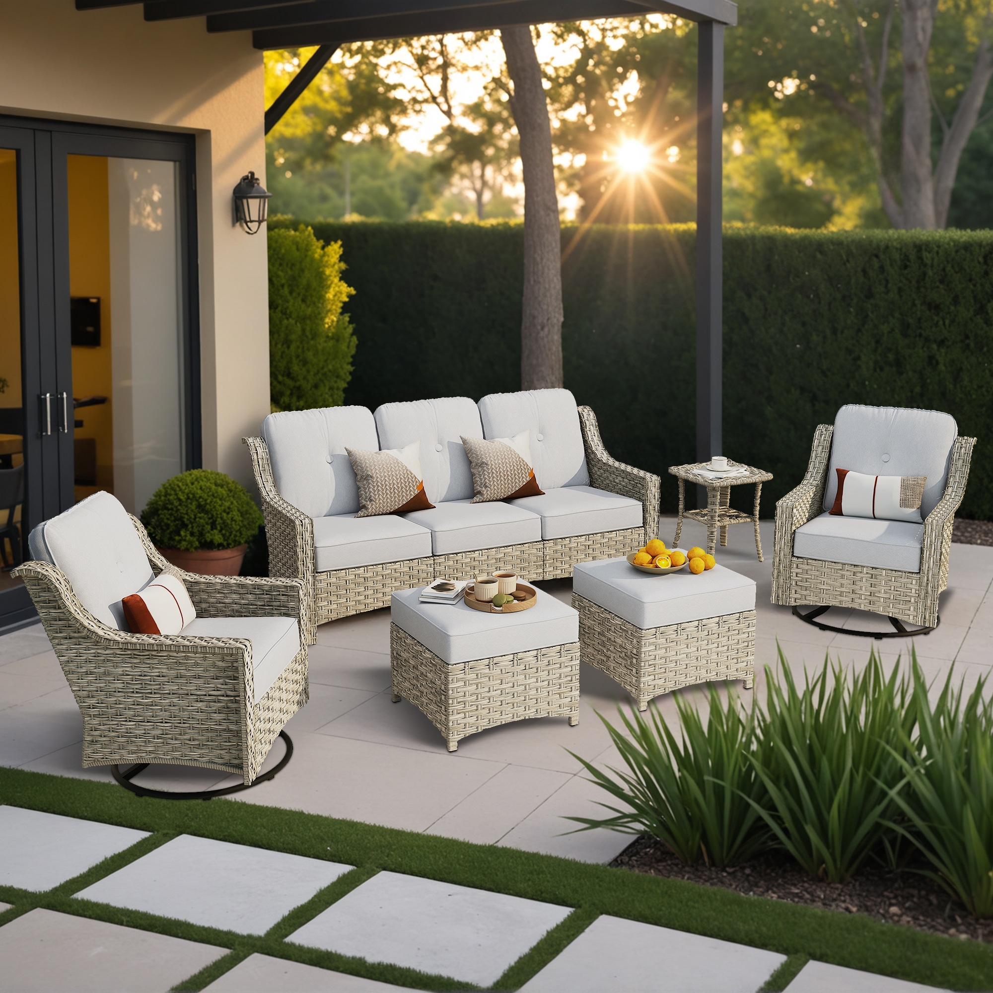 weaxty HMBYZPAD406 Aireno 6 -Piece Rattan Patio Sofa Conversation Set with Gray Cushions