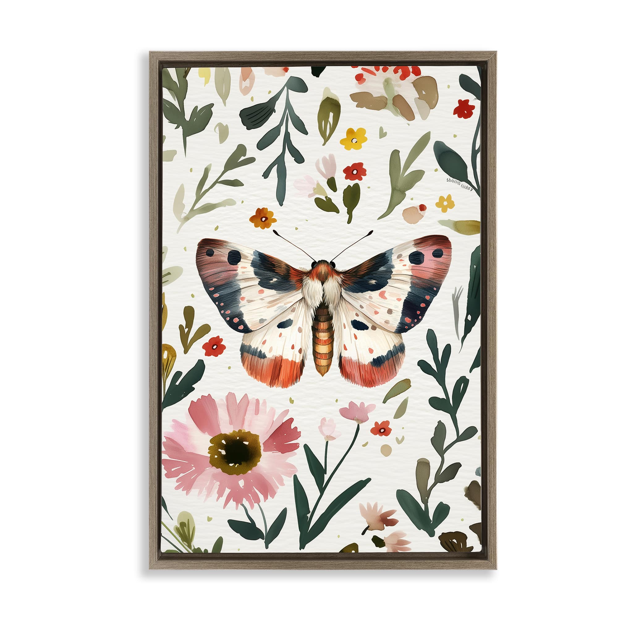 Stupell Industries BT-870-FFE-16X24 Moth and Organic Flowers Brown Framed Floater Canvas Wall Art By The Dutch Lady 17 x 25