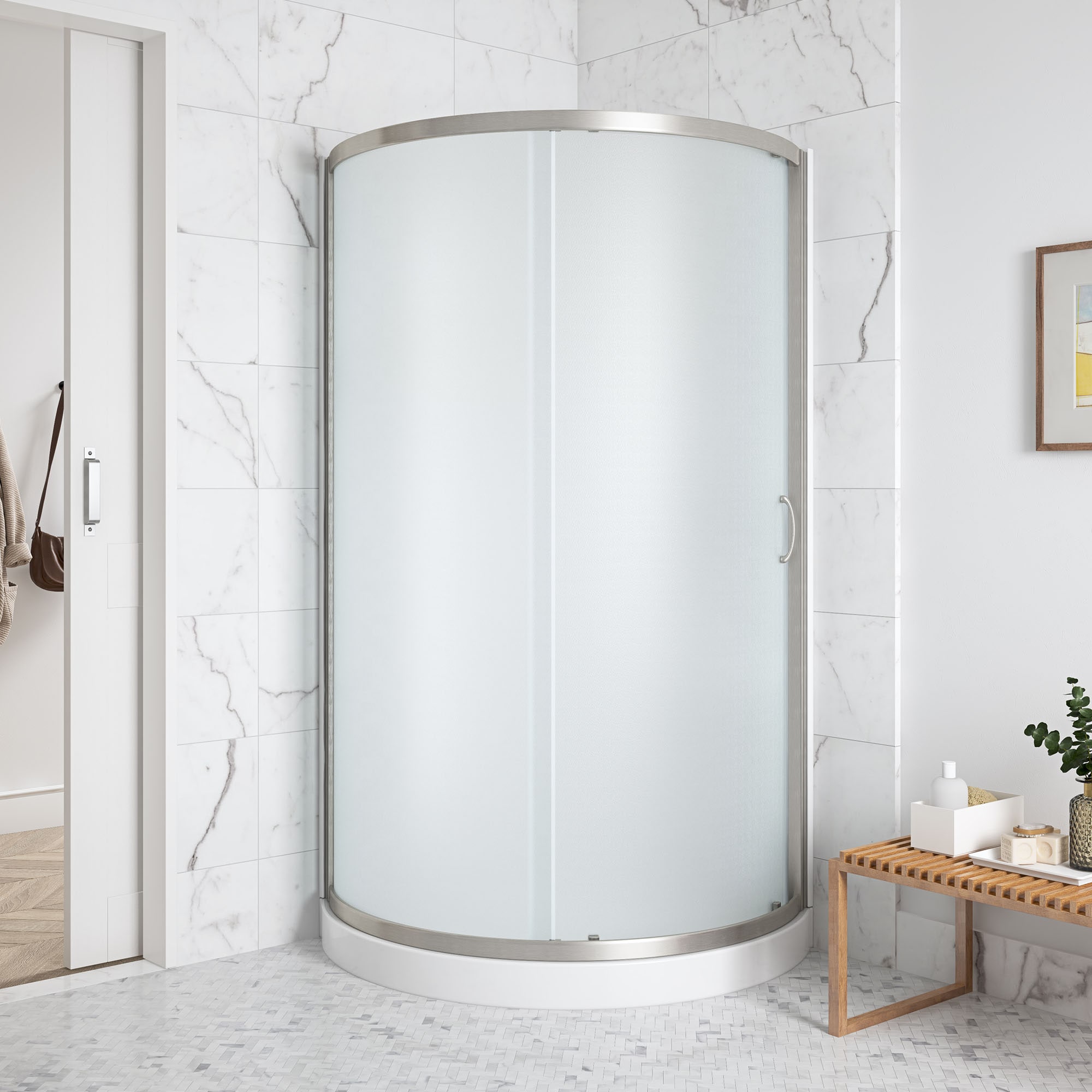 OVE Decors 15SKA-BREF36-SAT Breeze 3 -Piece 36-in W x 36-in L x 77-in H Round Corner shower kit ( Corner Drain) Base, Wall, Door Brushed nickel Hardware Included