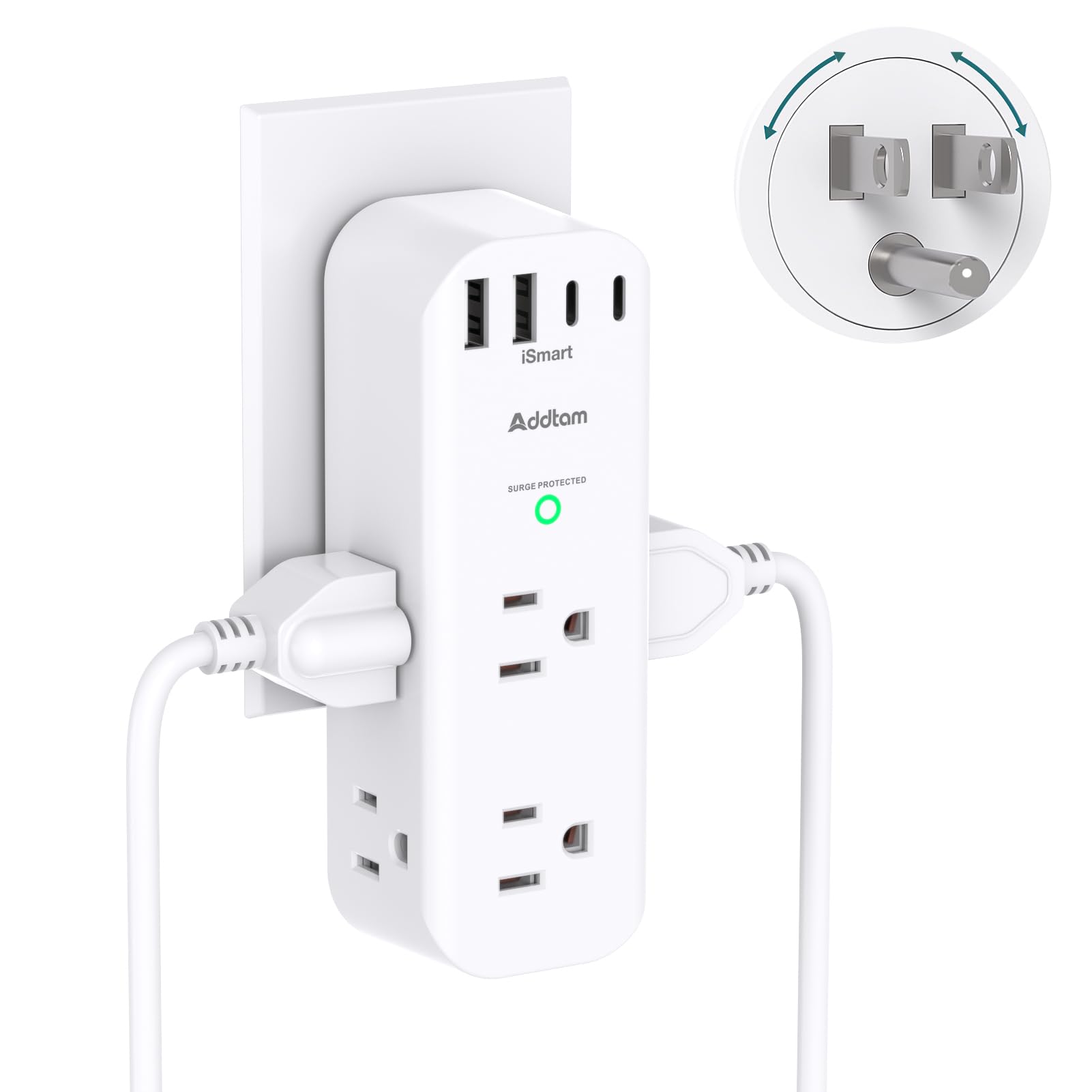 DYRCJ  Surge Protector Wall Outlet Extender with Rotating Plug 6 AC Outlets and 4 USB Ports Including 2 USB C 1800J Power Strip for College