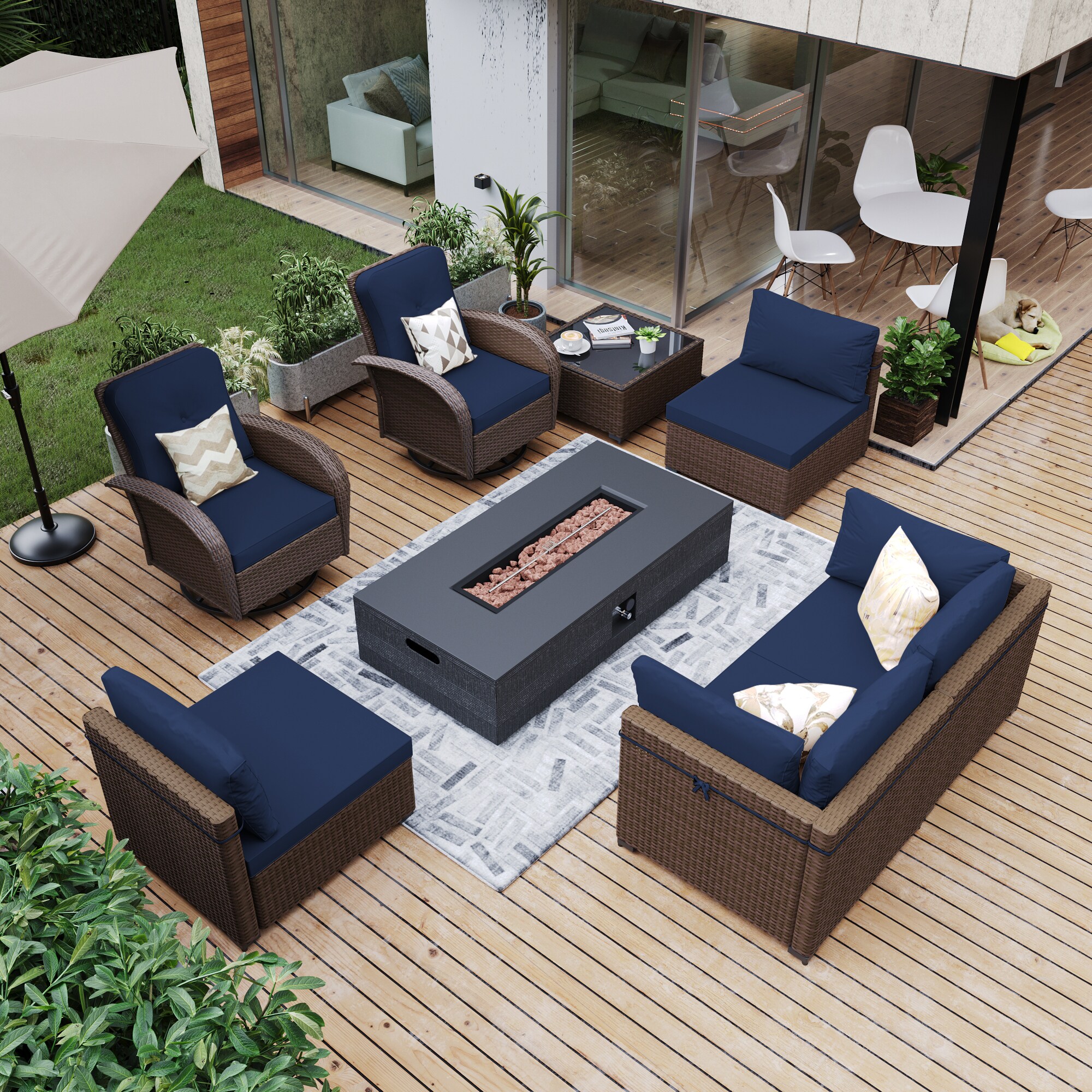 Patio Watcher LS-RT5Y11-56SDK-B2 Rattan Sofa Set 7 -Piece Rattan 4 Patio Sofa Conversation Set with Blue Cushions