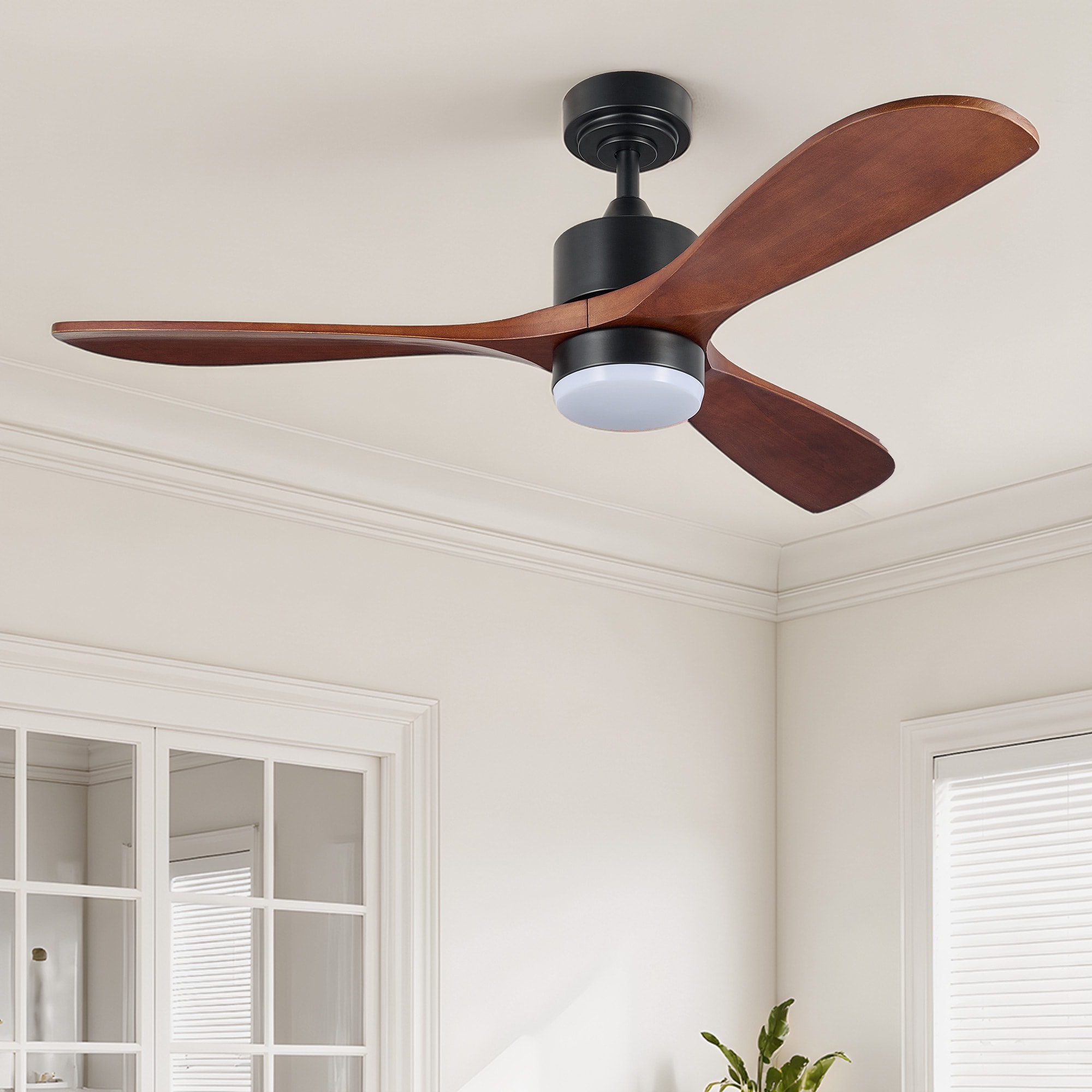 CO-Z CFN-1313-00 52-in Color-Changing Integrated LED Matte Black with Brown Wood Grain Blades Ceiling Fan With Light - Remote Included ( 3 -Blade )