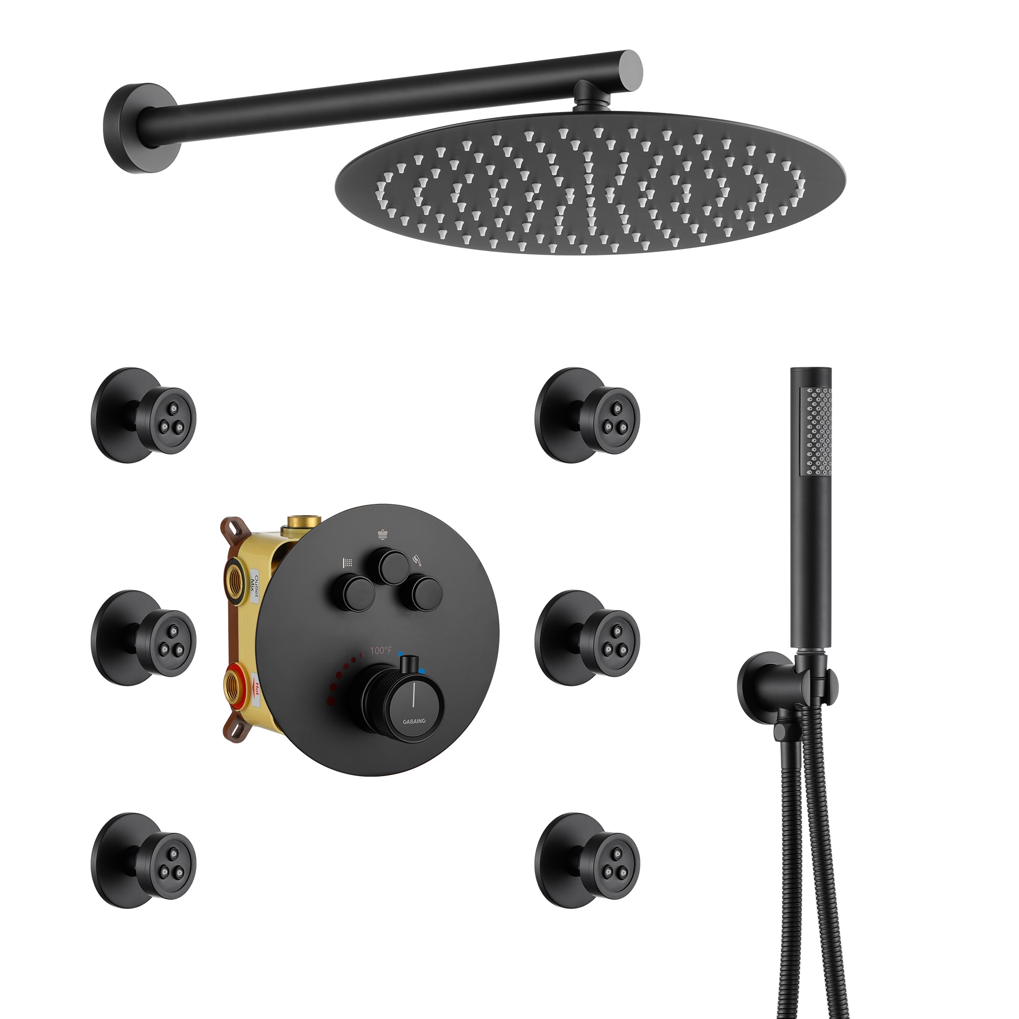CASAINC CS6224-12MB Matte Black 12-in Built-In Shower Faucet System with 3-way Diverter ( Thermostatic Valve Included )