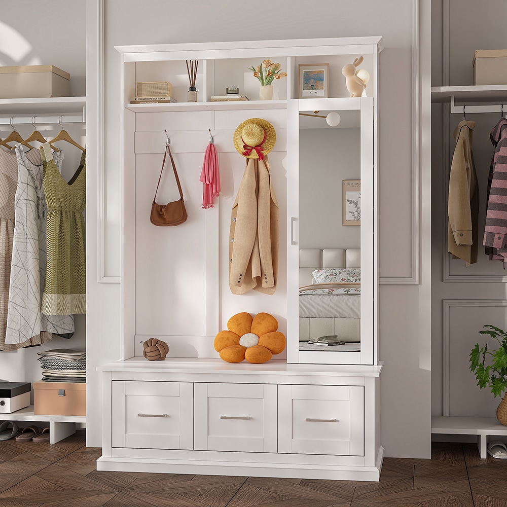 Homsee V-KF500012-01 Modern White Hall Tree Wardrobe Cabinet with Full Length Mirror 3 Wide Drawers Side Storage Shelves Open Display Shelf and Coat Hooks Entryway Closet Organizer