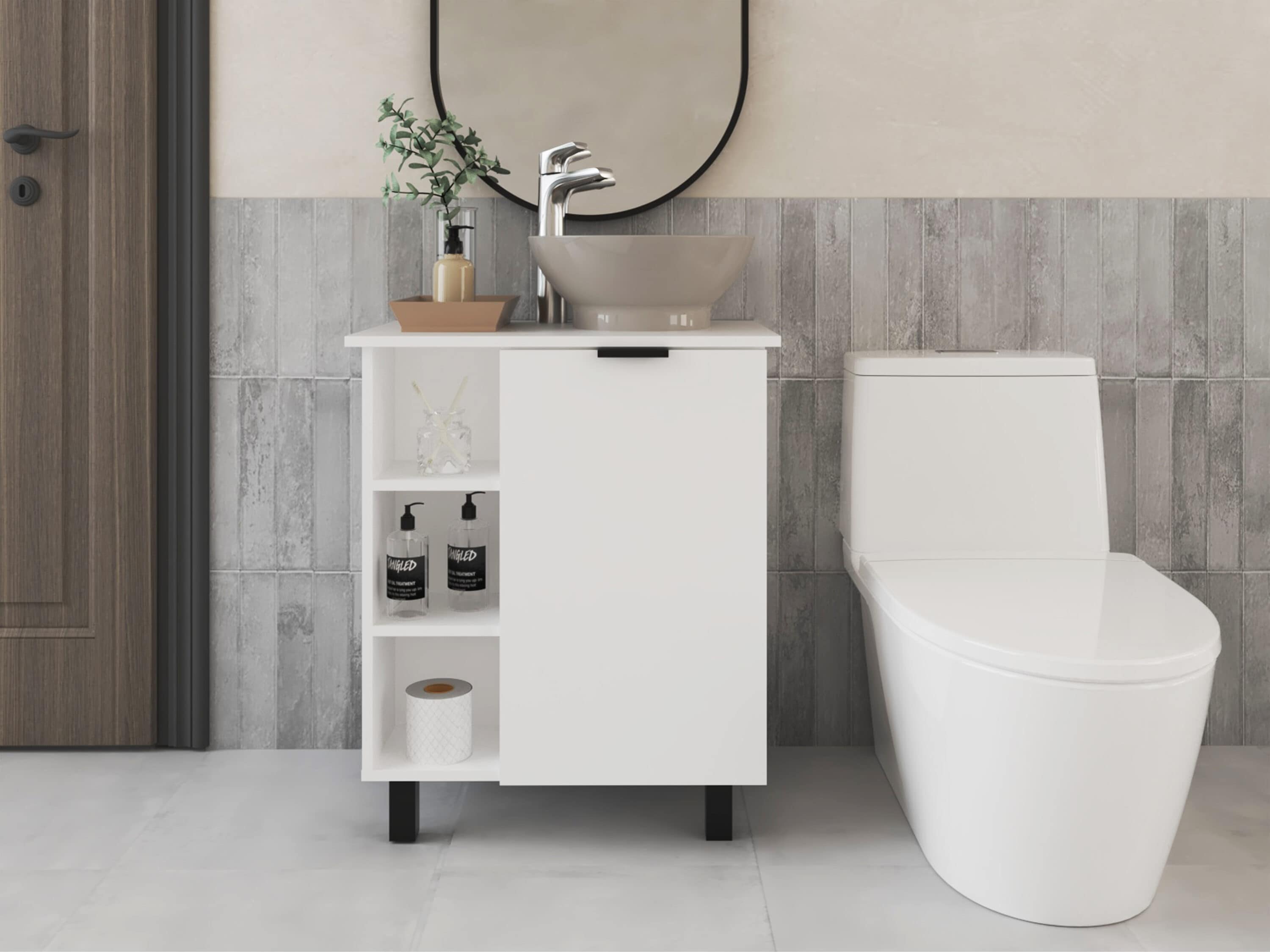 Vanityfus Bathroom Vanity with Sink Ceramic White Integral Sink Freestanding Bathroom Vanity 1 Door and 3 Open Shelves