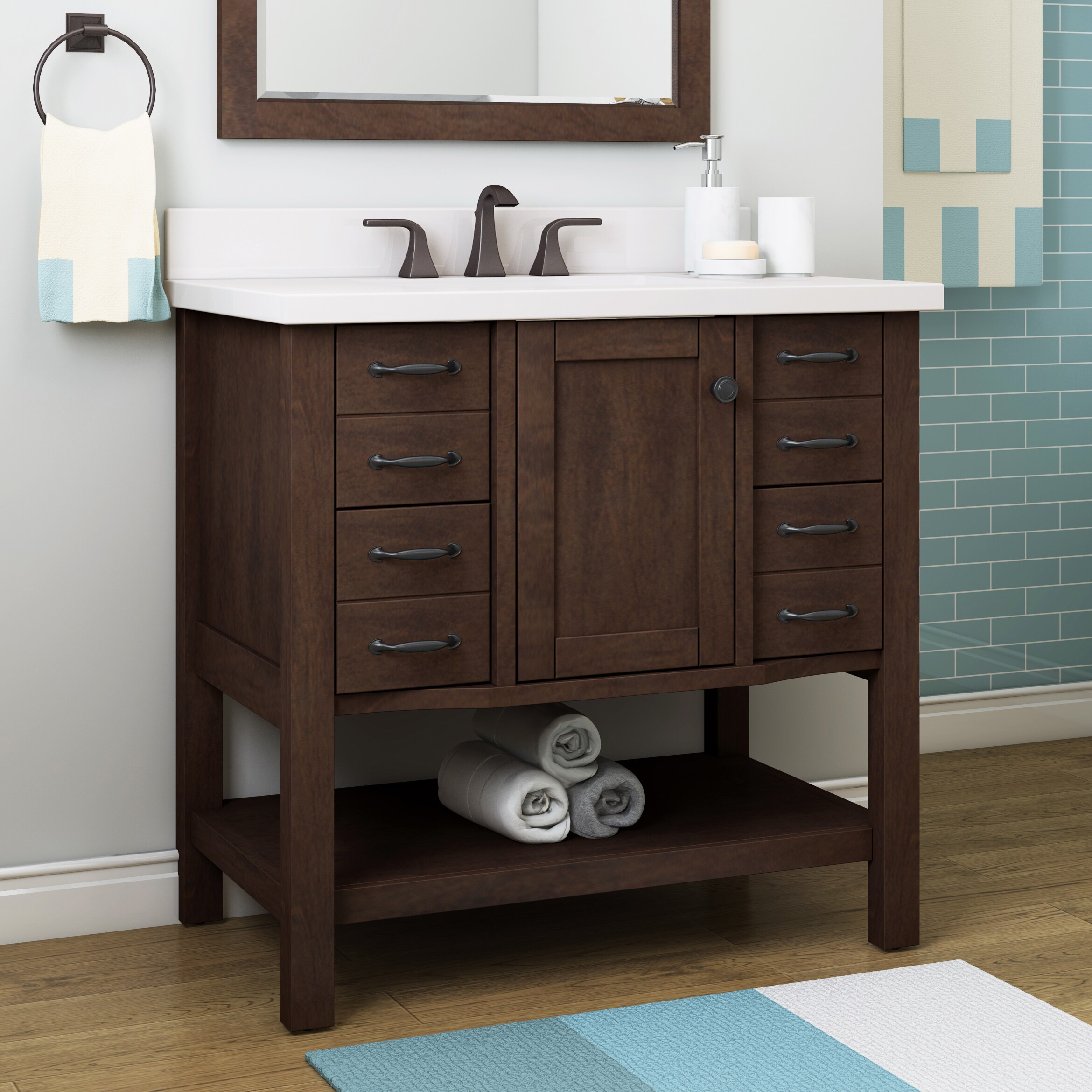 allen + roth Kingscote 36-in Undermount Top at White Engineered Vanity Espresso Single Bathroom with Stone Sink