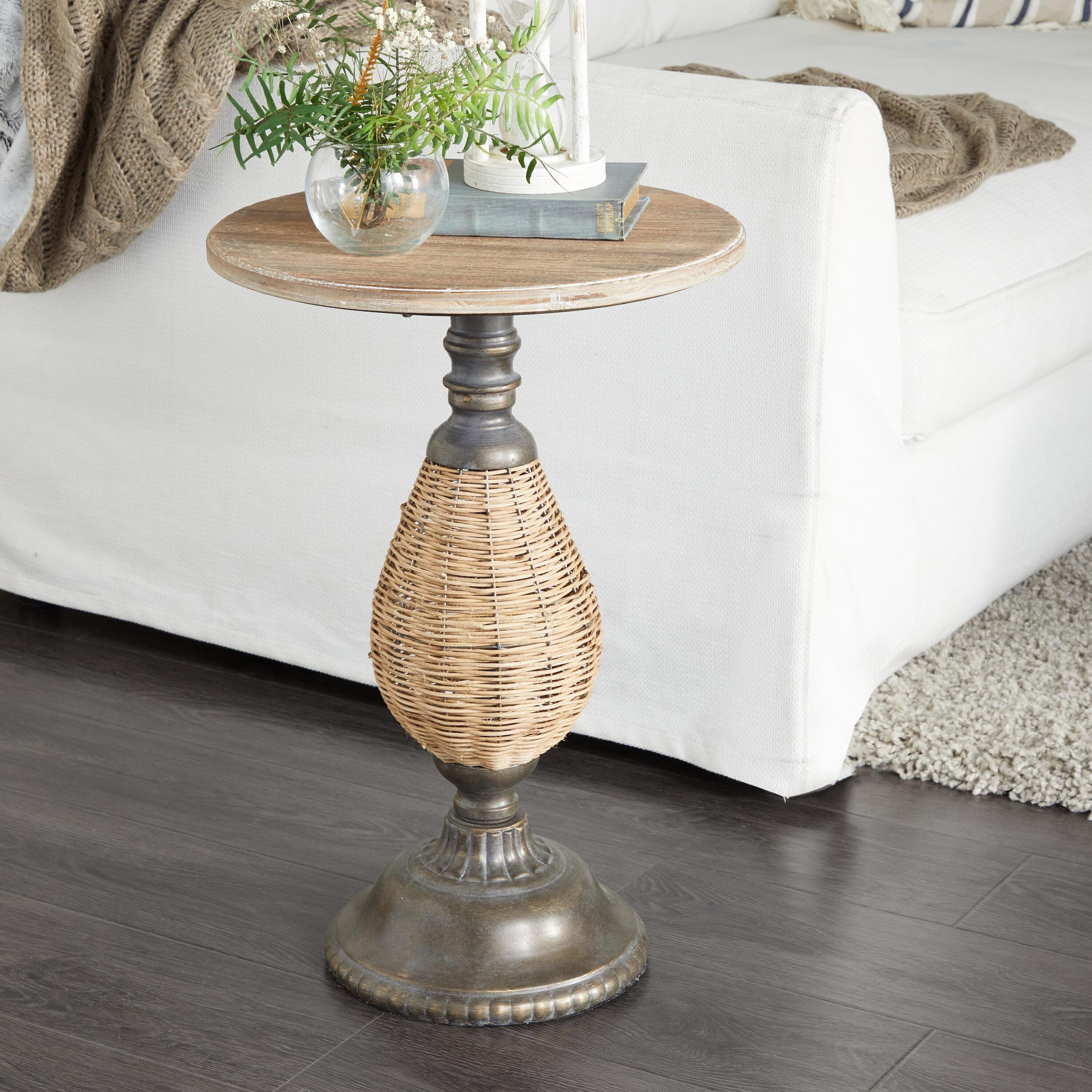 Grayson Lane 98838 15-in W x 22-in H Brown with Black Metal and Rattan Base Wood Round Farmhouse End Table