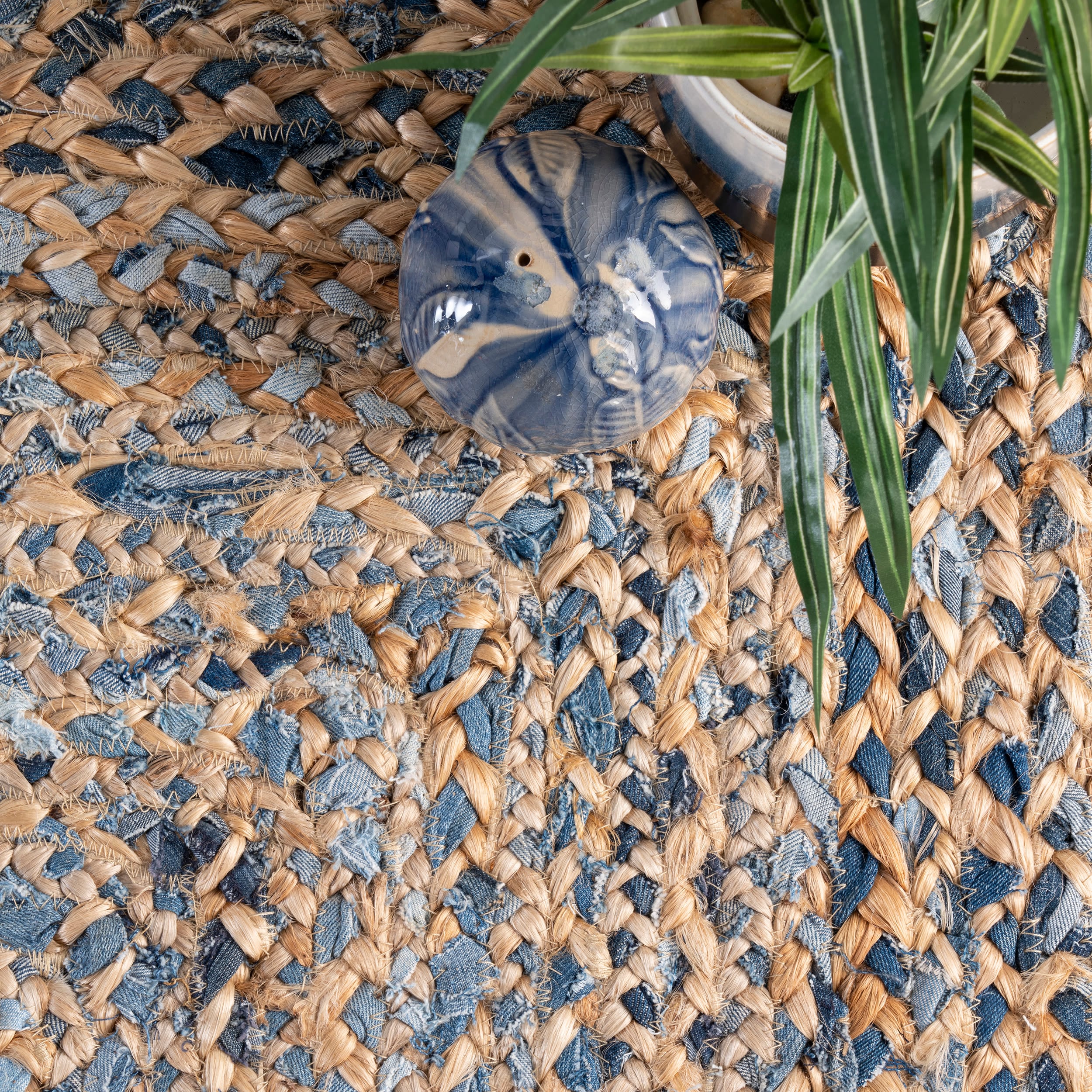 Handmade Blue and Beige Braided Cotton Rectangular Rug