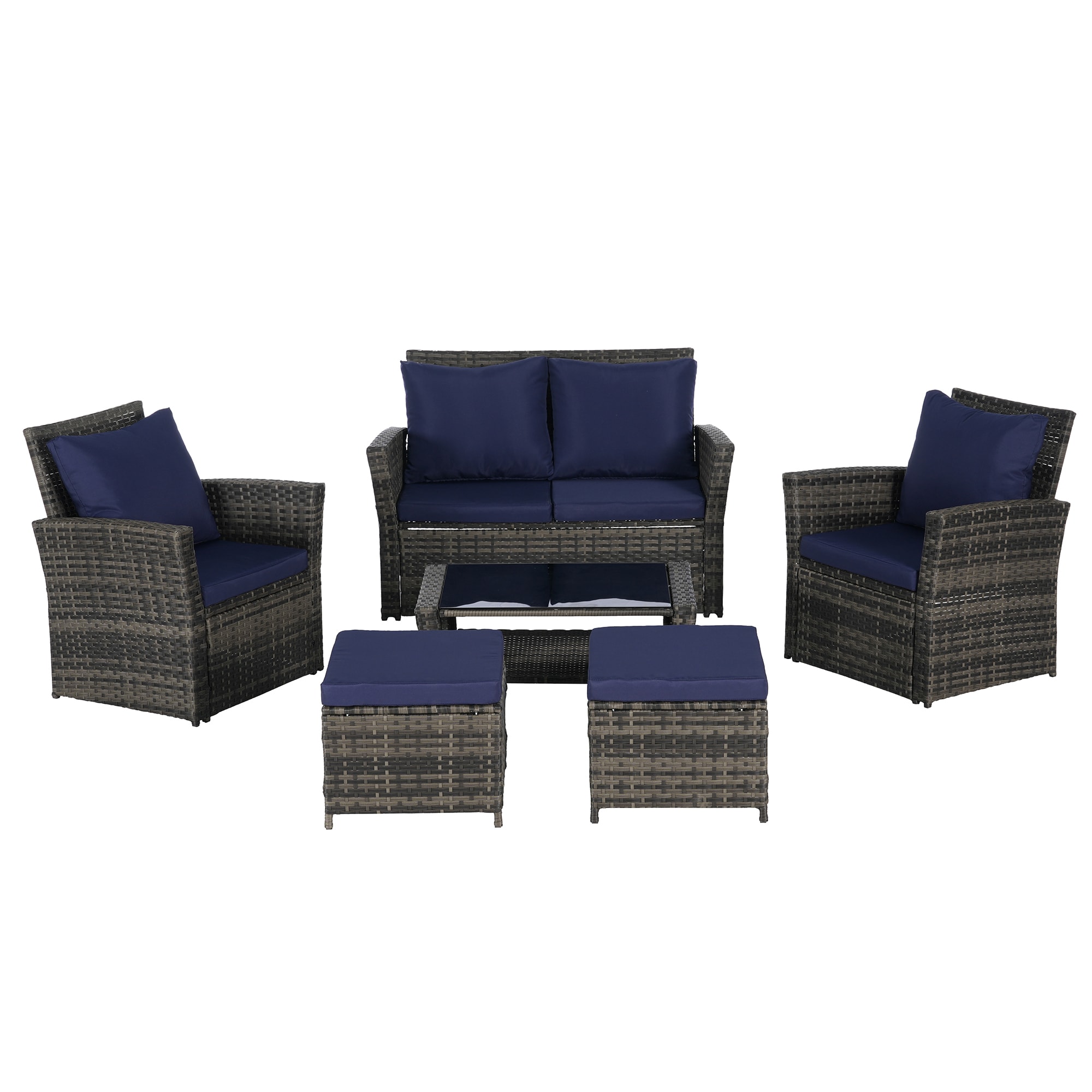 SINOFURN SYB670038NY 6 -Piece Wicker Patio Conversation Set with Blue Cushions