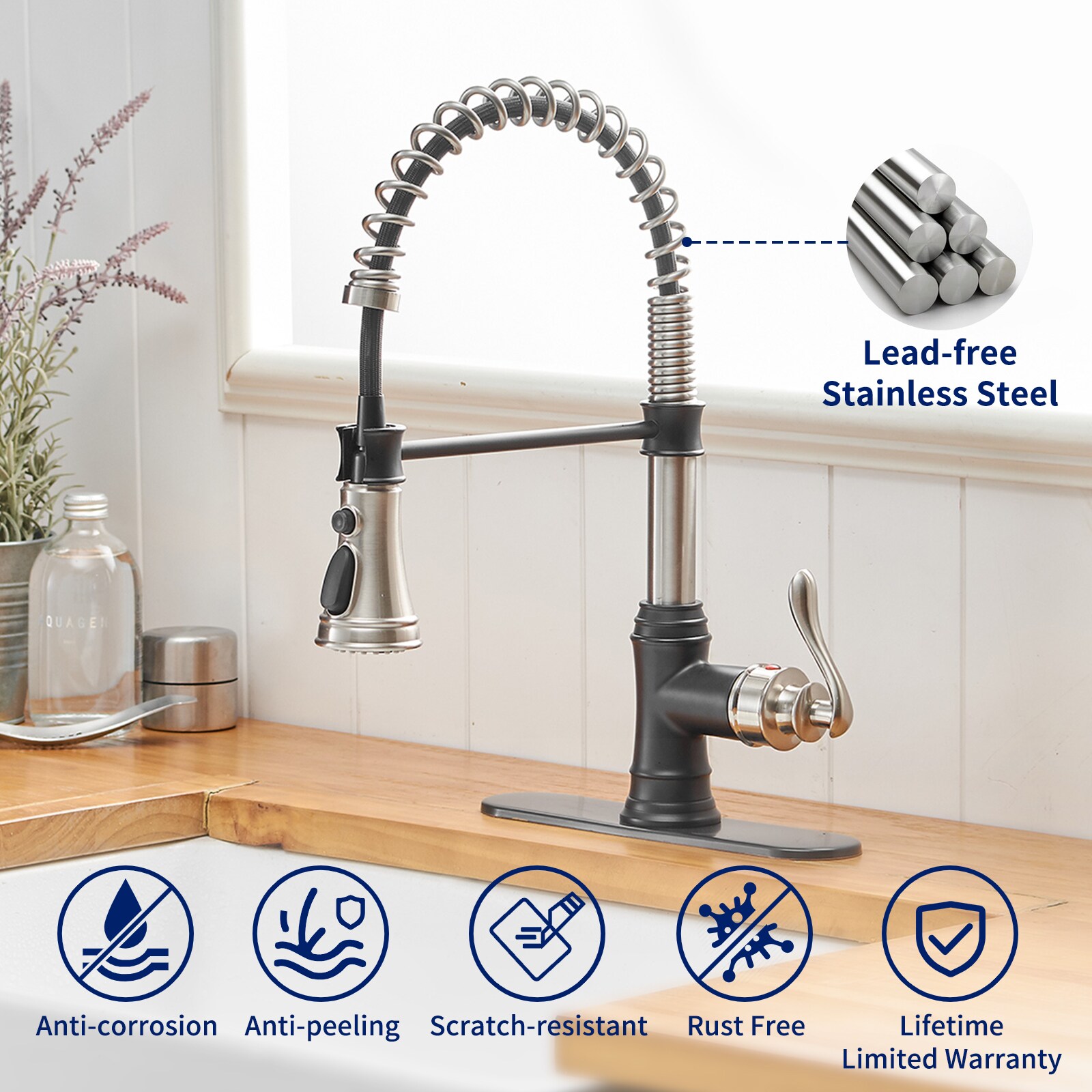 Brushed Nickel and Black Pull-Down Kitchen Faucet with Deck Plate