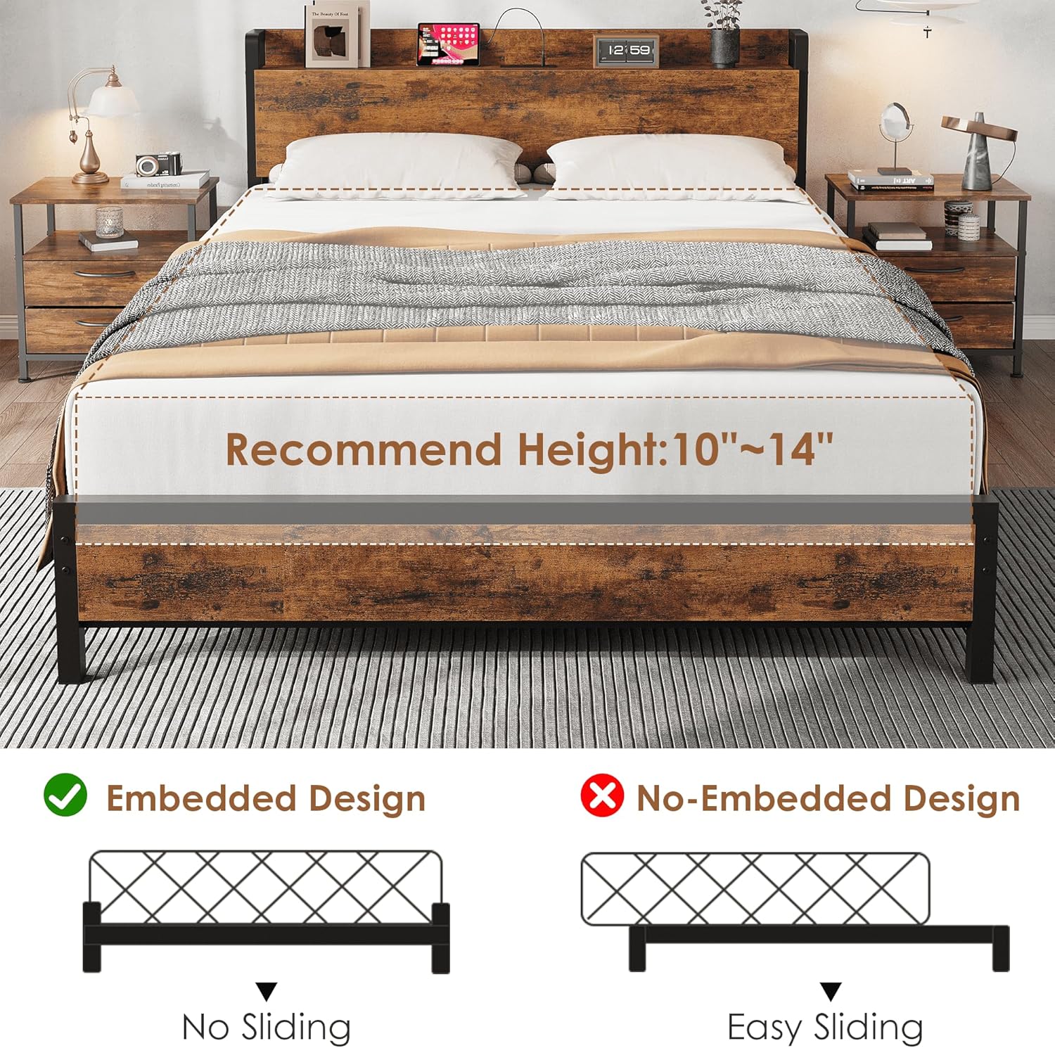 GAOMON Queen Size Bed Frame Charging Station with 2 USB Ports 2 AC ...