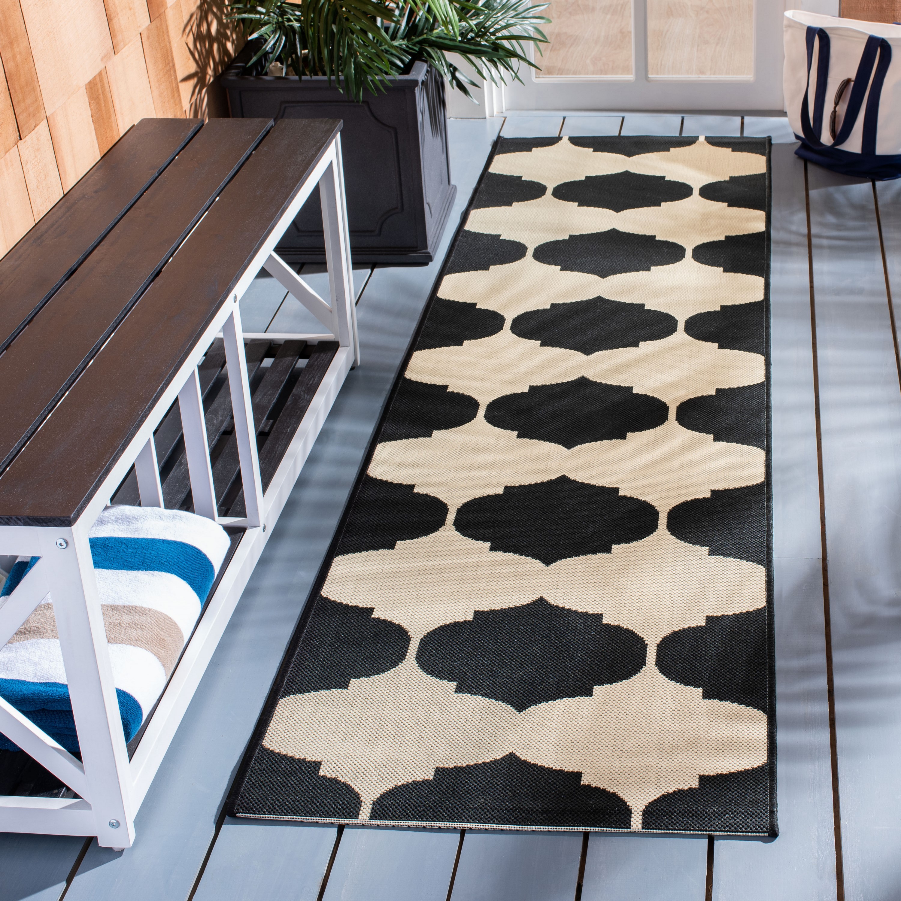 Safavieh CY6162-256-212 Courtyard Hani 2 x 12 (ft) Loomed Polypropylene Beige/Black Rectangular Indoor/Outdoor Abstract Coastal Runner rug