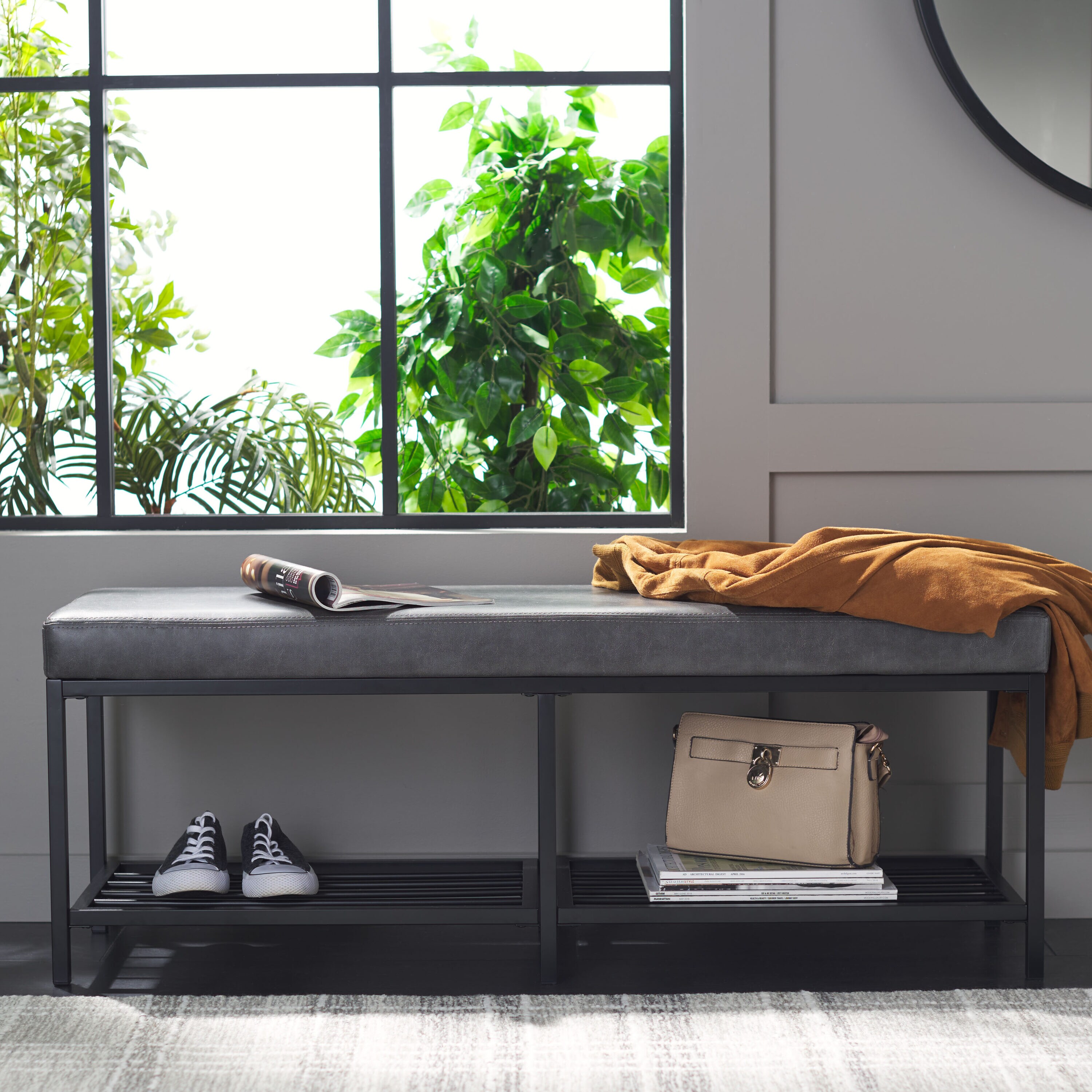 Safavieh BCH6404A Modern Gray/Black Storage Bench with Storage 48-in x 14.5-in x 17.75-in