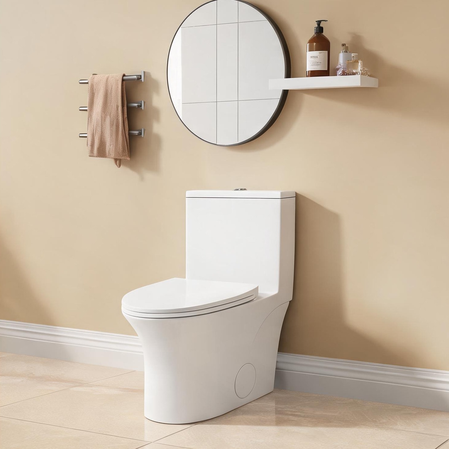 Naturefalls - One-Piece Elongated Dual-Flush Toilet with Soft-Close Seat in Crisp White Ceramic C...