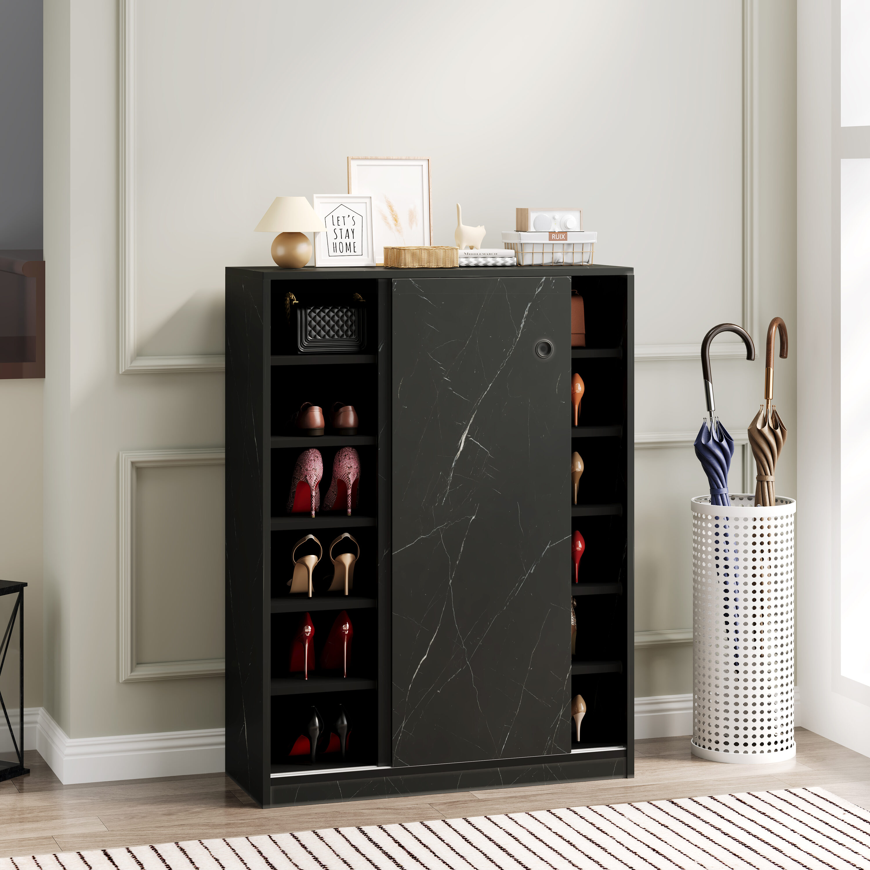 Blisstyle Marble Black Shoe Cabinet With Sliding Door Have 6 Layers Can Storage At Least 30 Pairs Shoes Entryway Shoe Storage Organizer Bench Shoe Shelf Shoe Rack