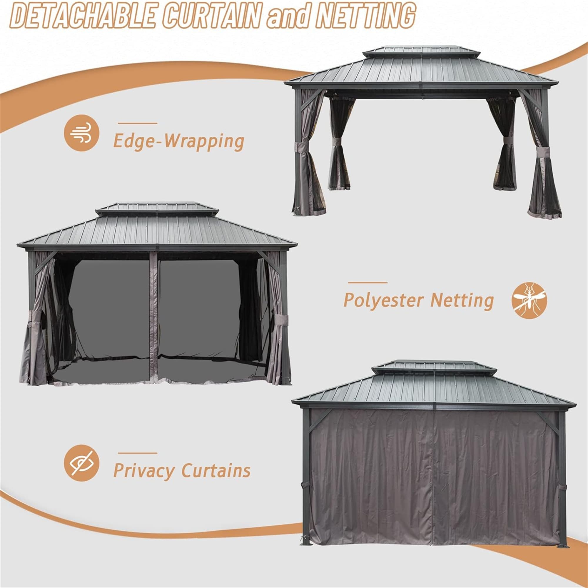 16x12 Gray Aluminum Hardtop Gazebo with Curtains and Netting