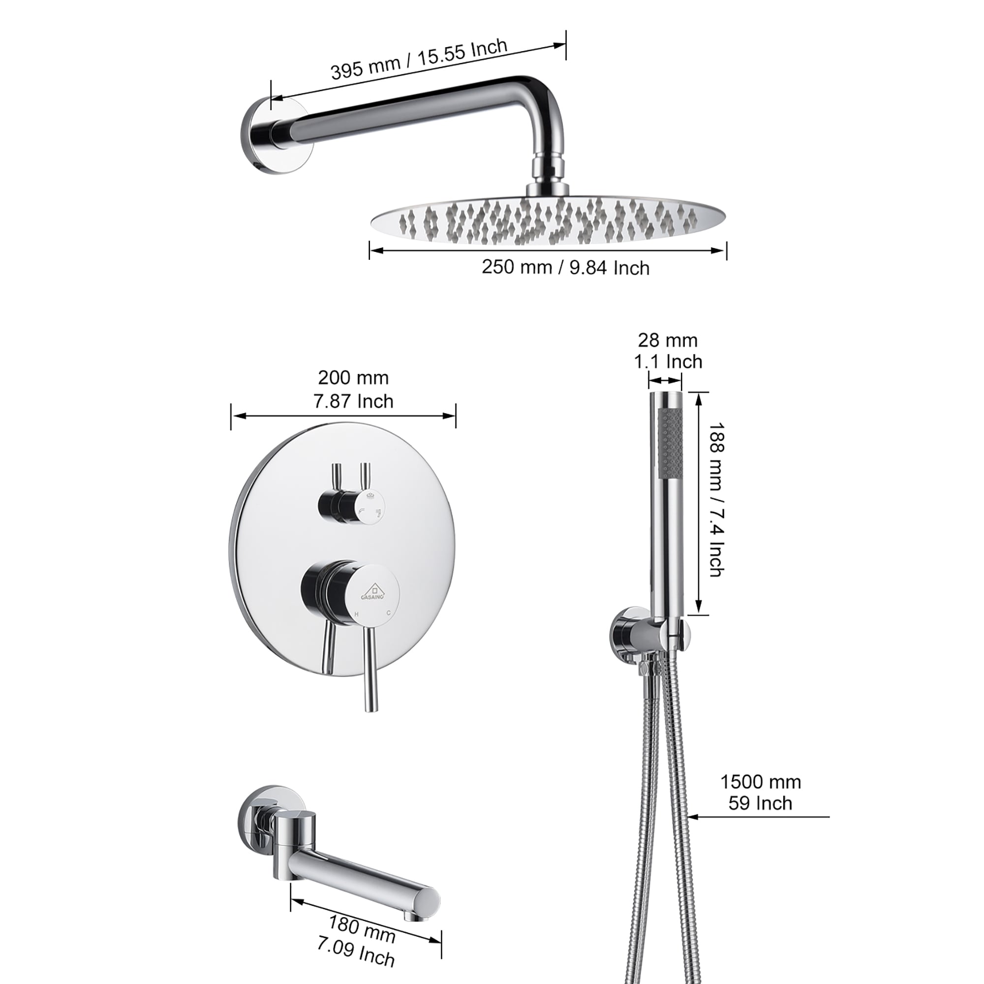 CASAINC M6202-A-10-CP Showerhead-Bar-Panels - View #12