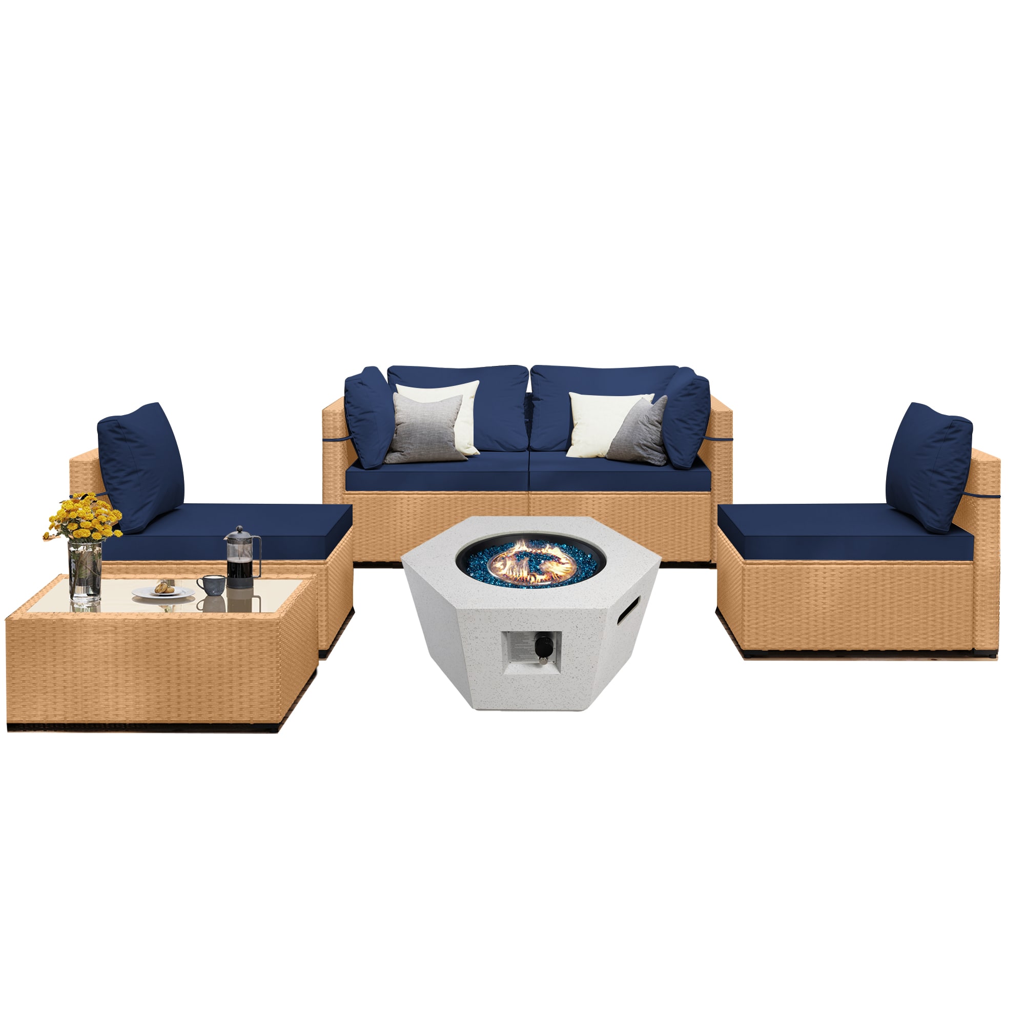 UPHA TBBE-AB28SMB-NAVY 6 -Piece Wicker Patio Conversation Set with Blue Cushions