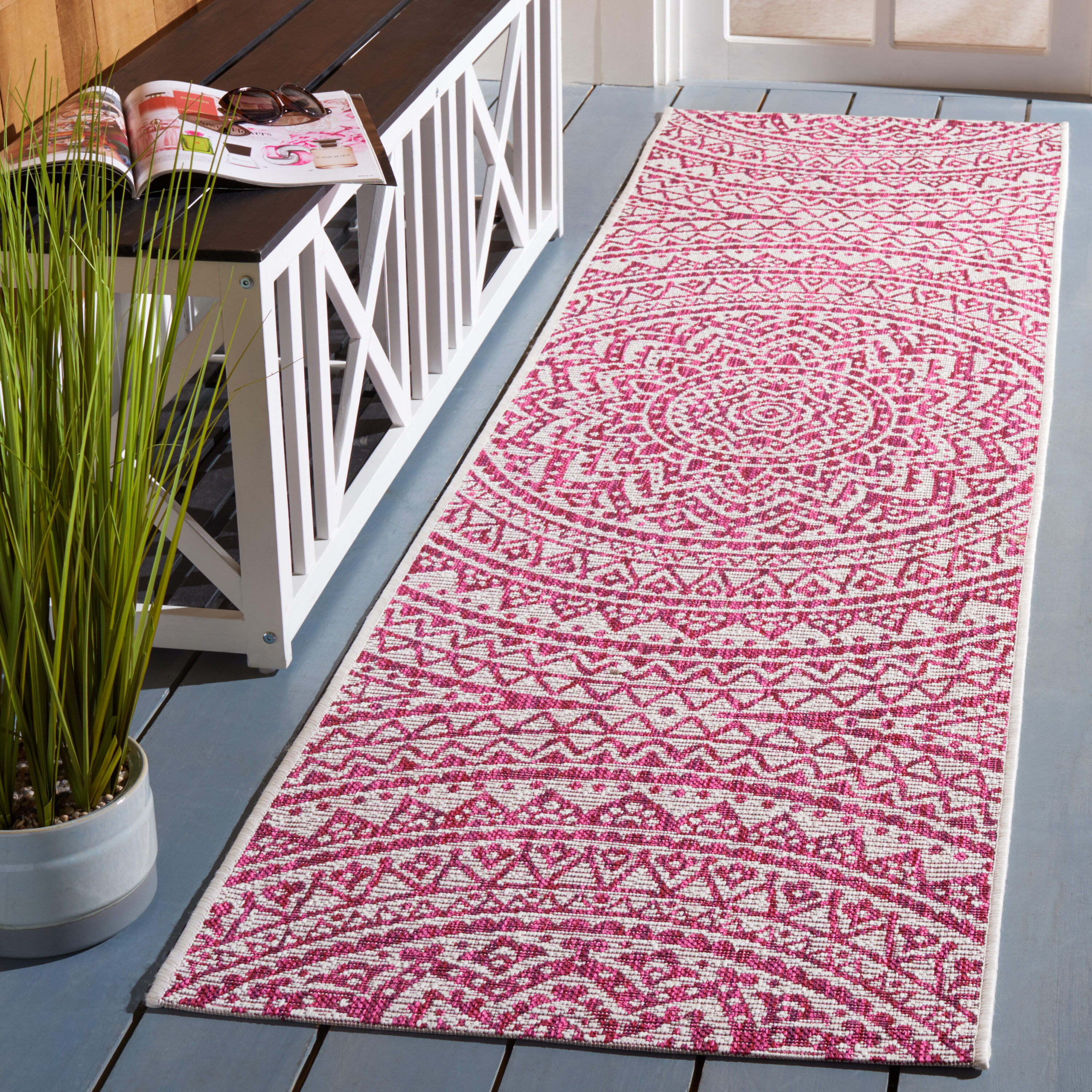 Safavieh CY8734-55912-28 Courtyard 2 x 8 (ft) Loomed Synthetic Ivory/Fuchsia Rectangular Indoor/Outdoor Medallion Runner rug