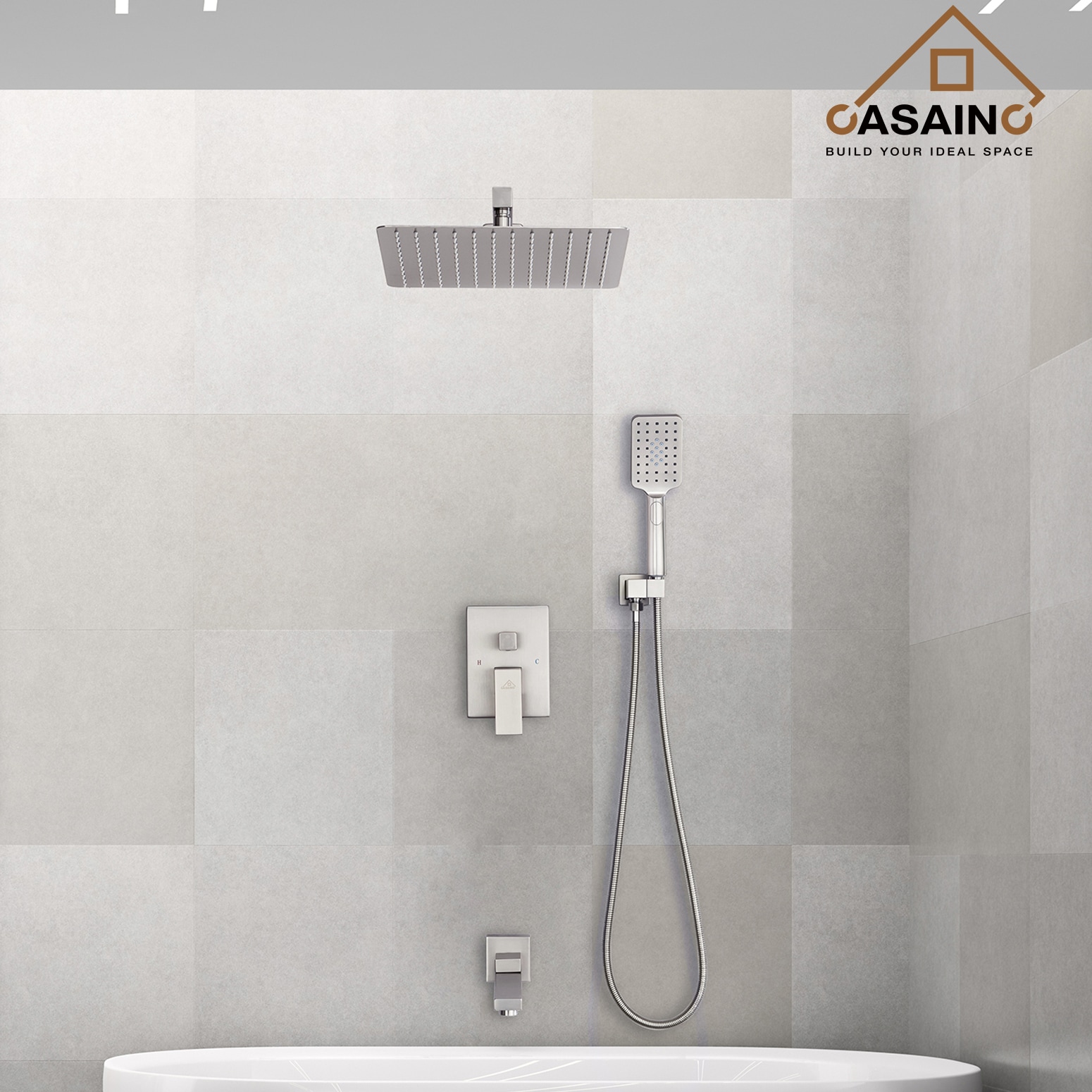 CASAINC CASA09BN Brush Nickle 12-in Waterfall Dual Head Built-In Shower Faucet System with 3-way Diverter ( Pressure-balanced Valve Included )