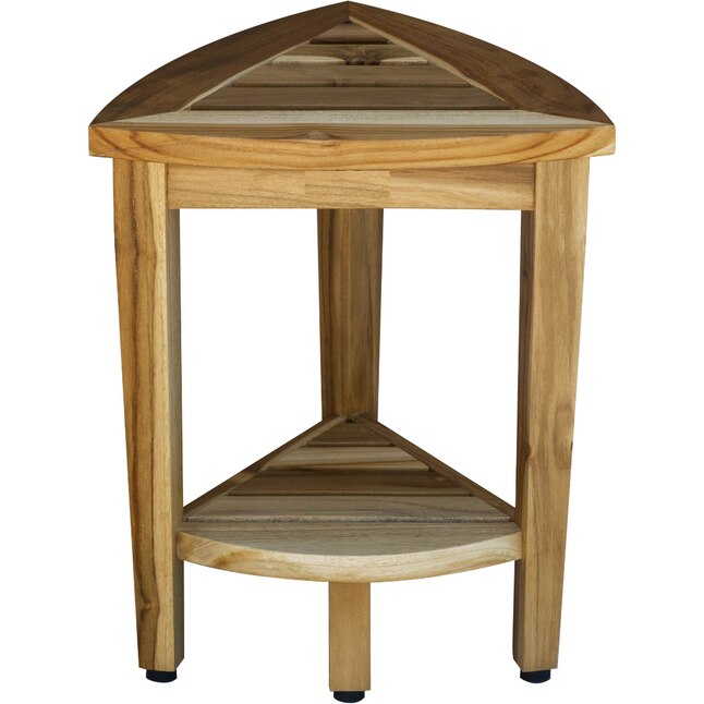 Compact Teak Corner Shower or Outdoor Bench with Shelf in Natural Finish Compact Teak Corner Shower or Outdoor Bench with Shelf in Natural Finish