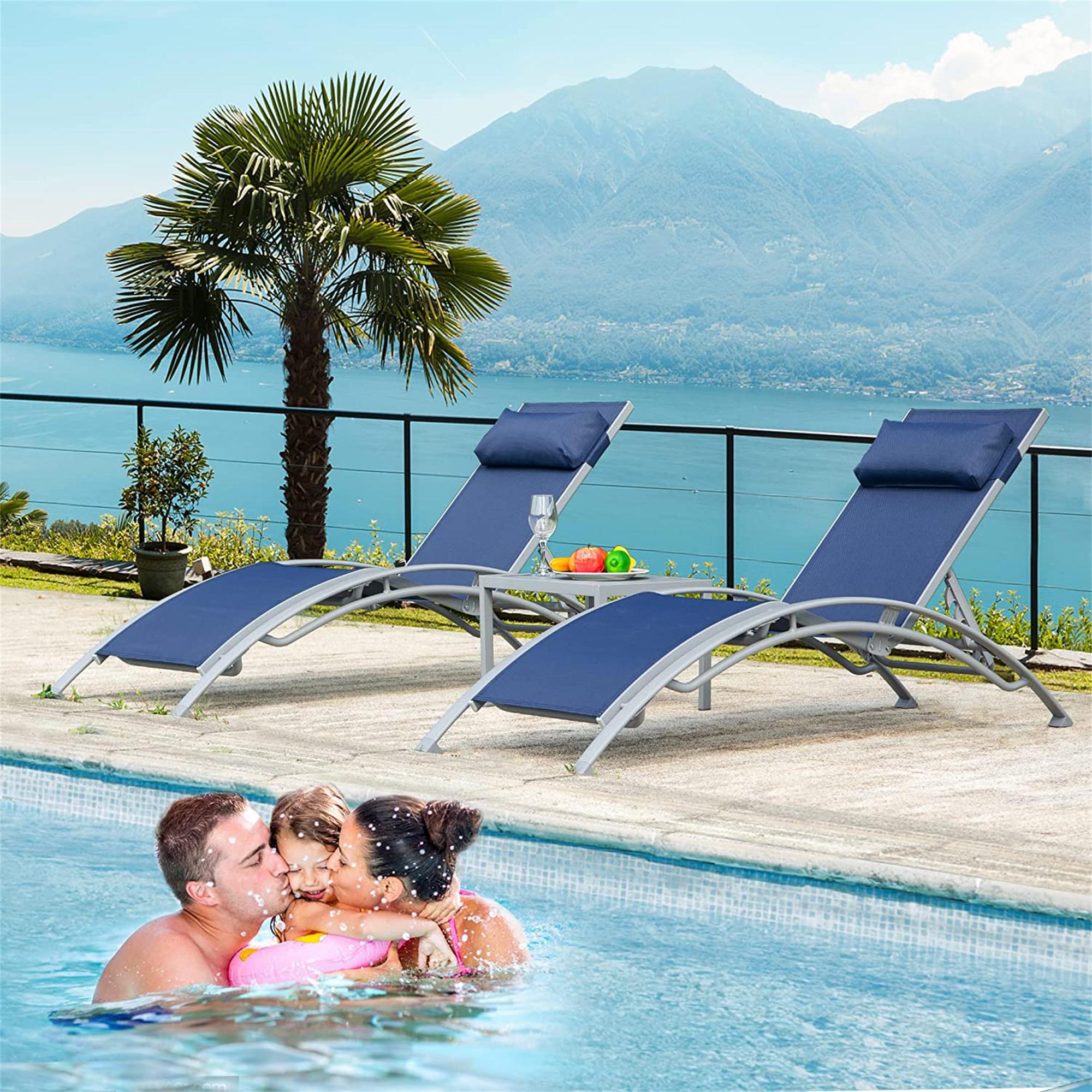 Bayfeve BF-9831CPL 2 Adjustable Chaise Lounge Chairs with Metal Side Table Set of 2 Gray Aluminum Frame Stationary Chaise Lounge Chair with Blue Sling Seat