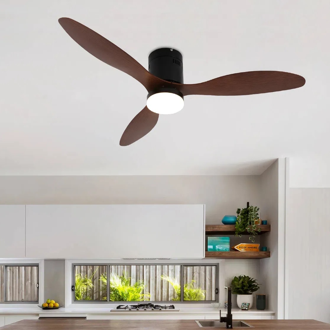 Oukaning HG-HCX3248-819US 52-in Color-Changing Black and Walnut-Color with Solid wood Blades Fandelier Ceiling Fan With Light - Remote Included ( 3 -Blade )